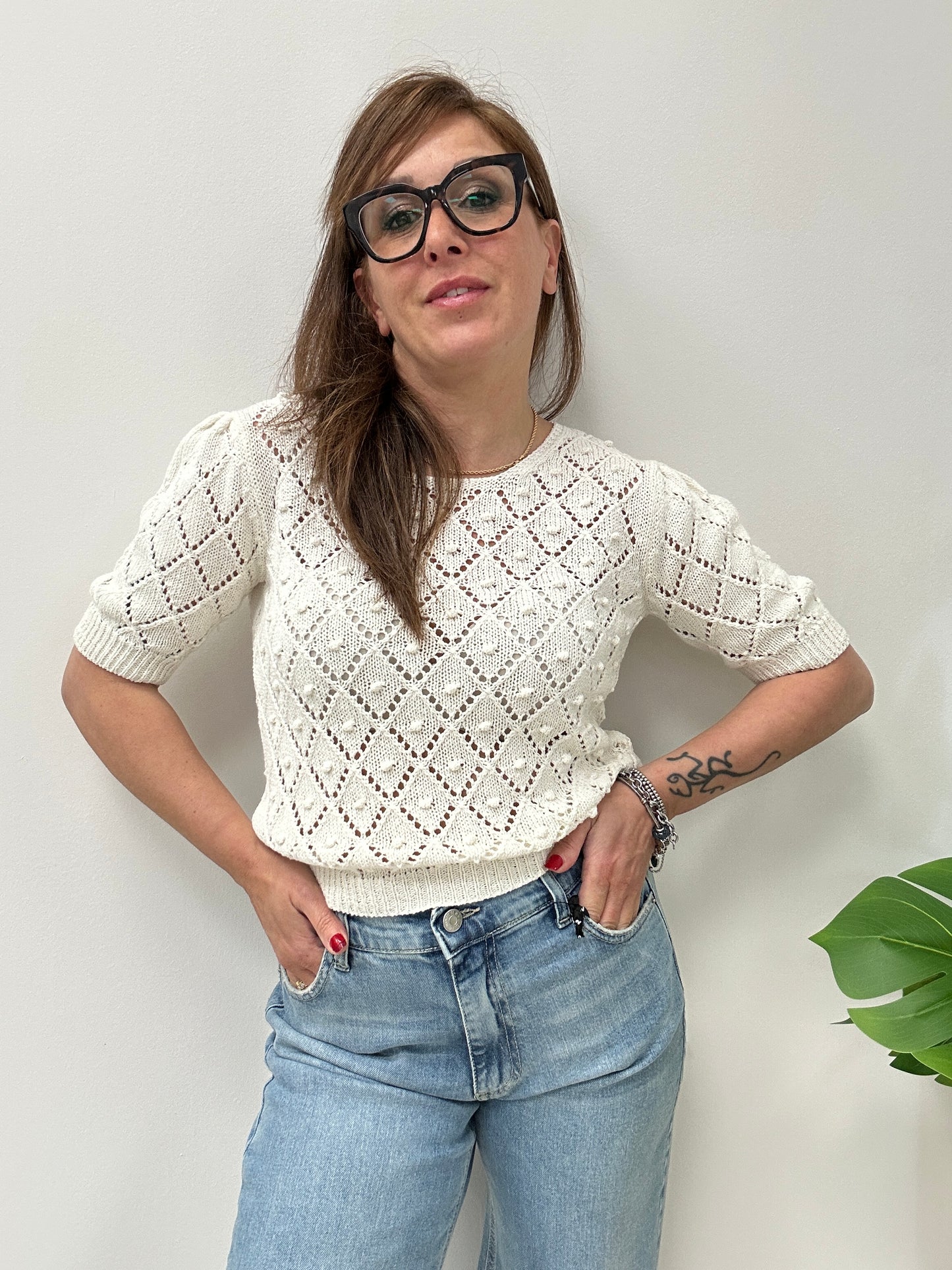 Haveone maglia lavorazione crochet mezza manica a sbuffo
