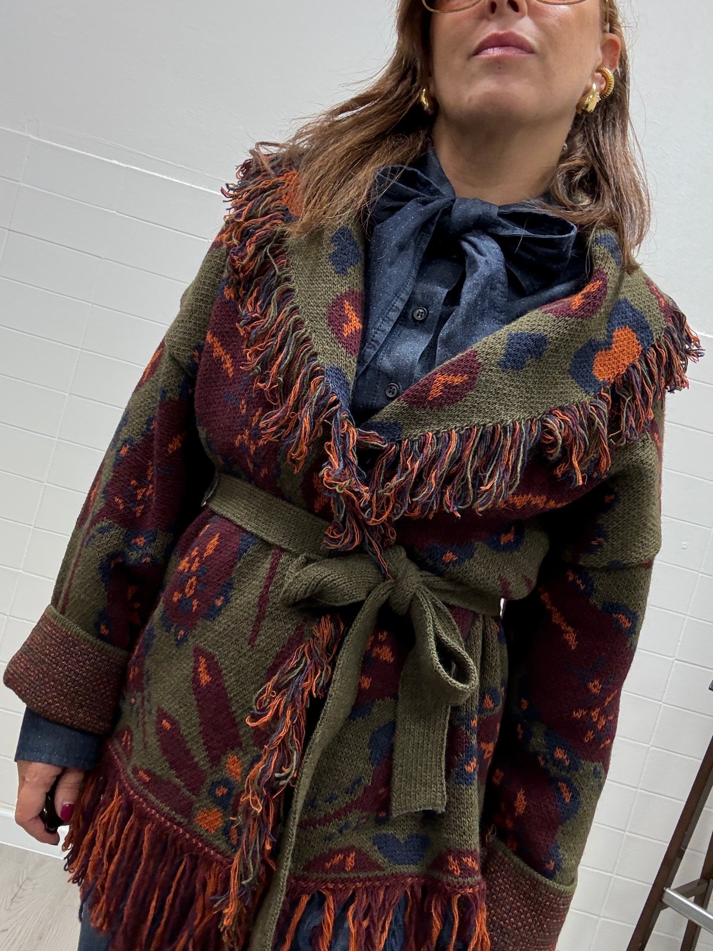 Cardigan fantasia etnica verde e vino Haveone