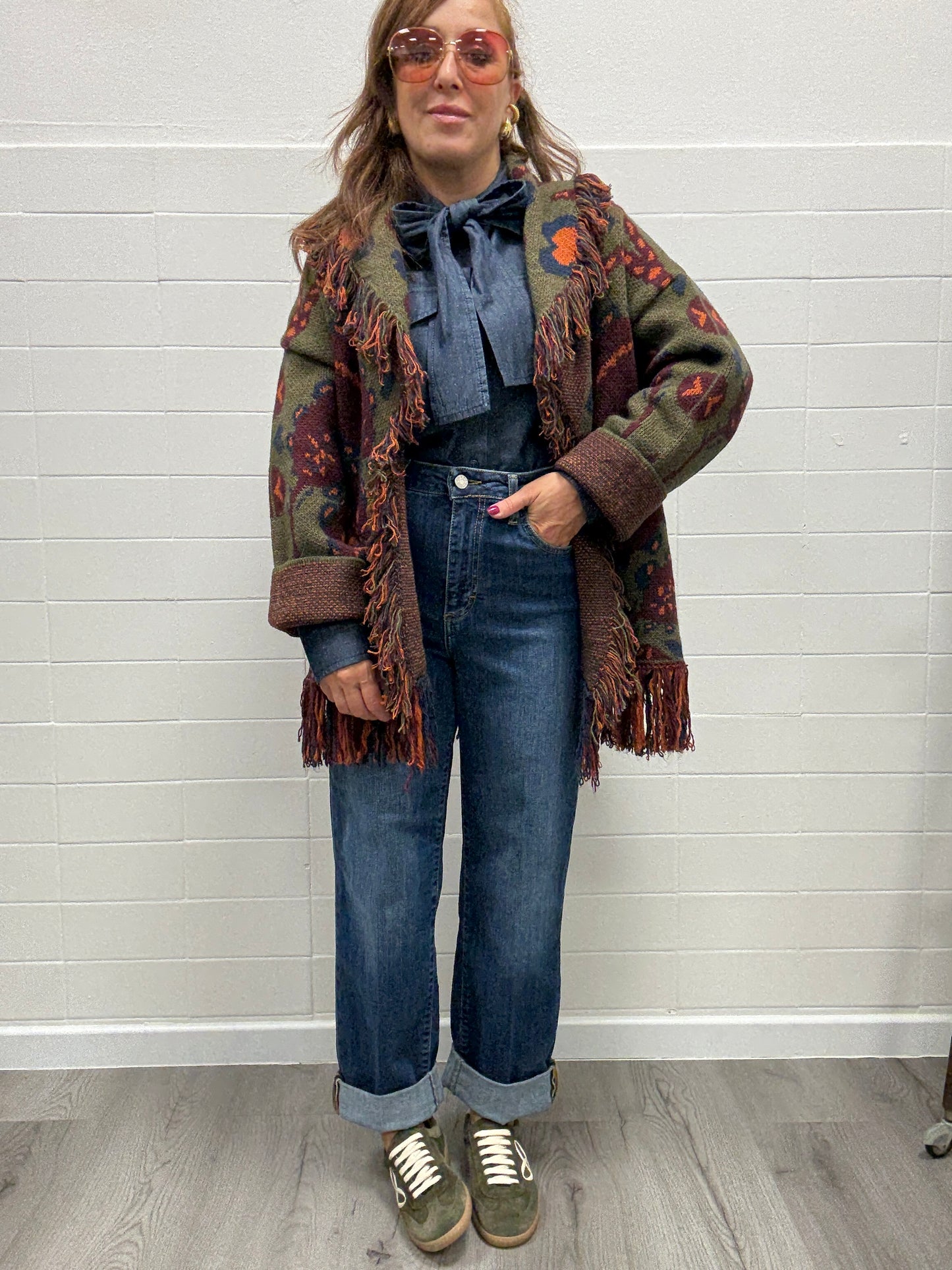 Cardigan fantasia etnica verde e vino Haveone