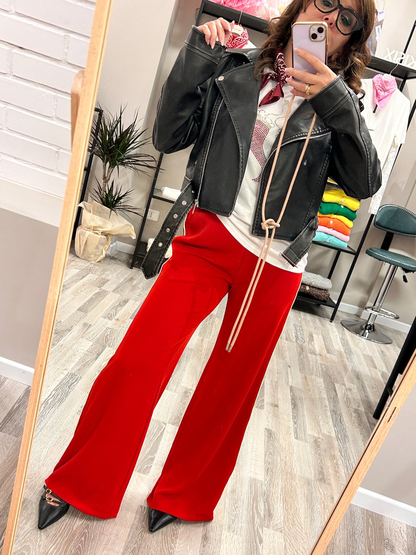 Susy Mix Pantalone Palazzo Rosso con Banda Laterale