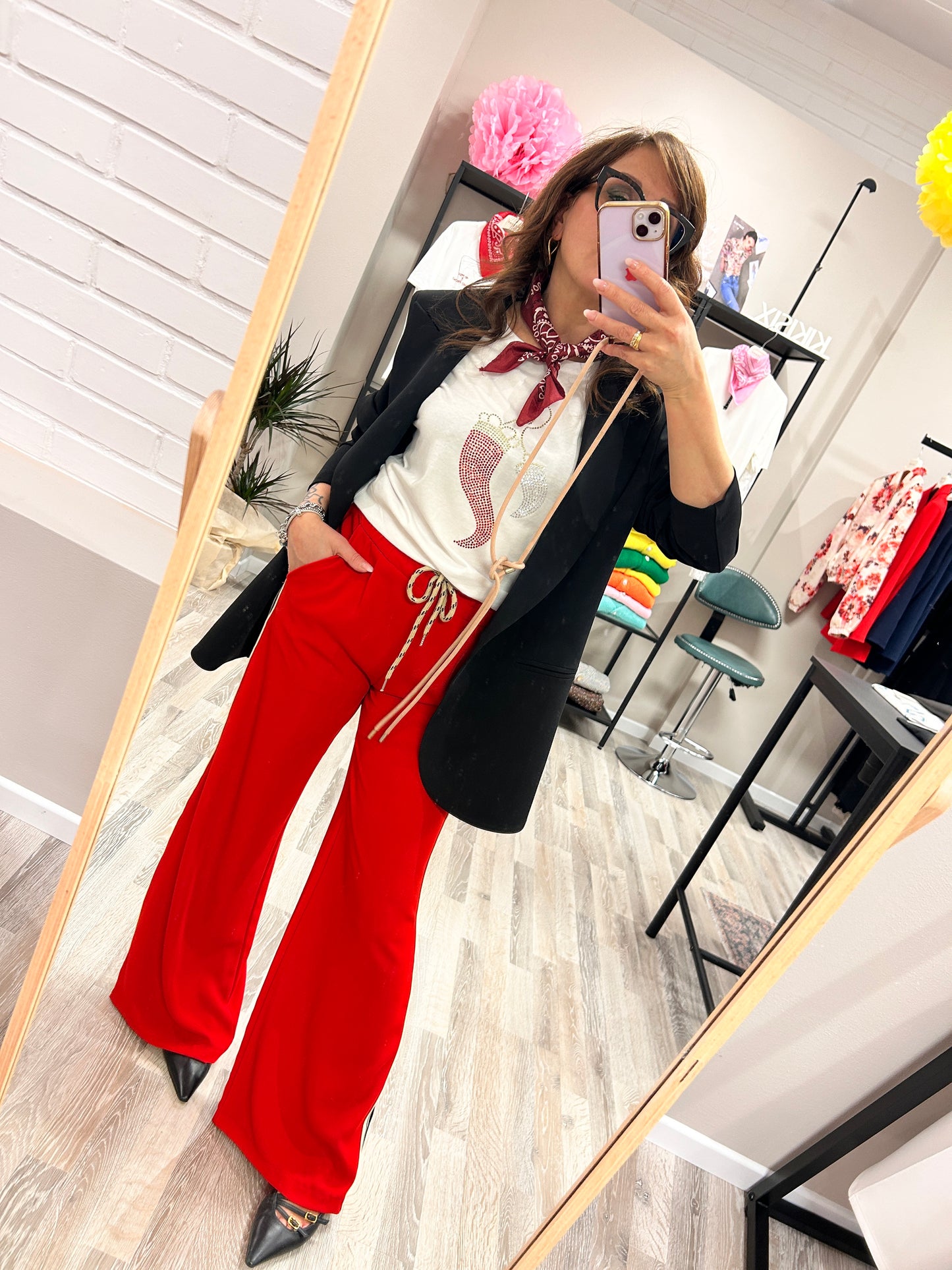 Susy Mix Pantalone Palazzo Rosso con Banda Laterale