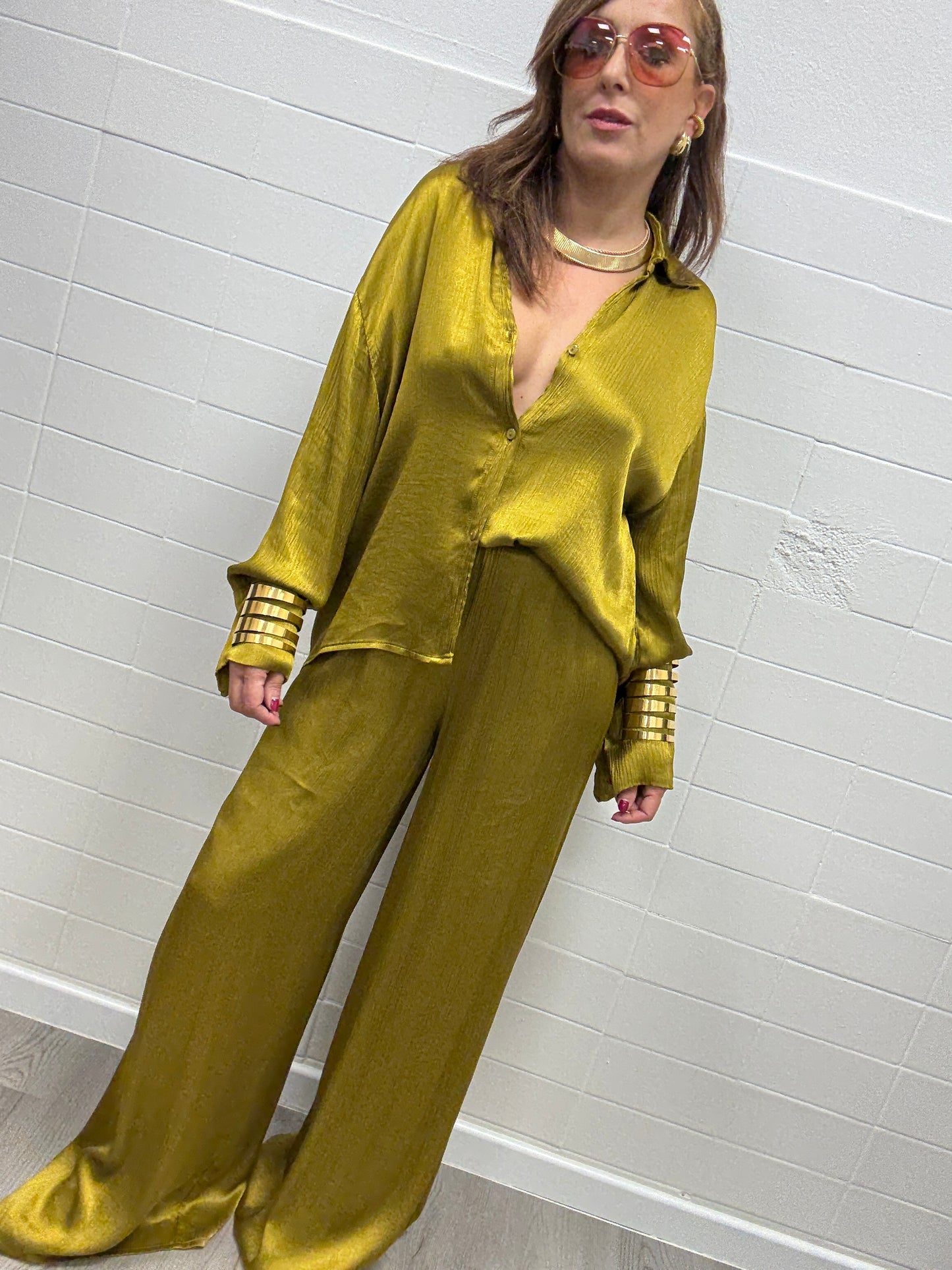 Pantalone in viscosa stropicciata olio Haveone