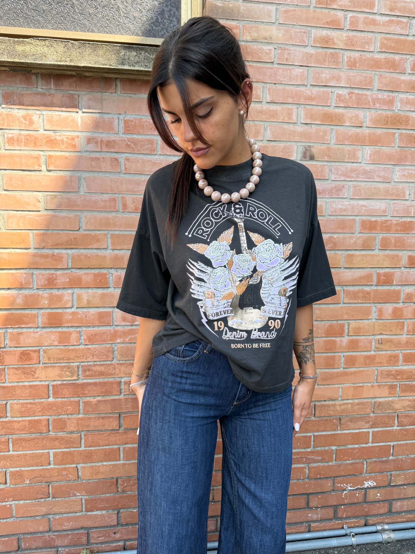 HaveOne T-Shirt Over con Stampa Rock & Roll