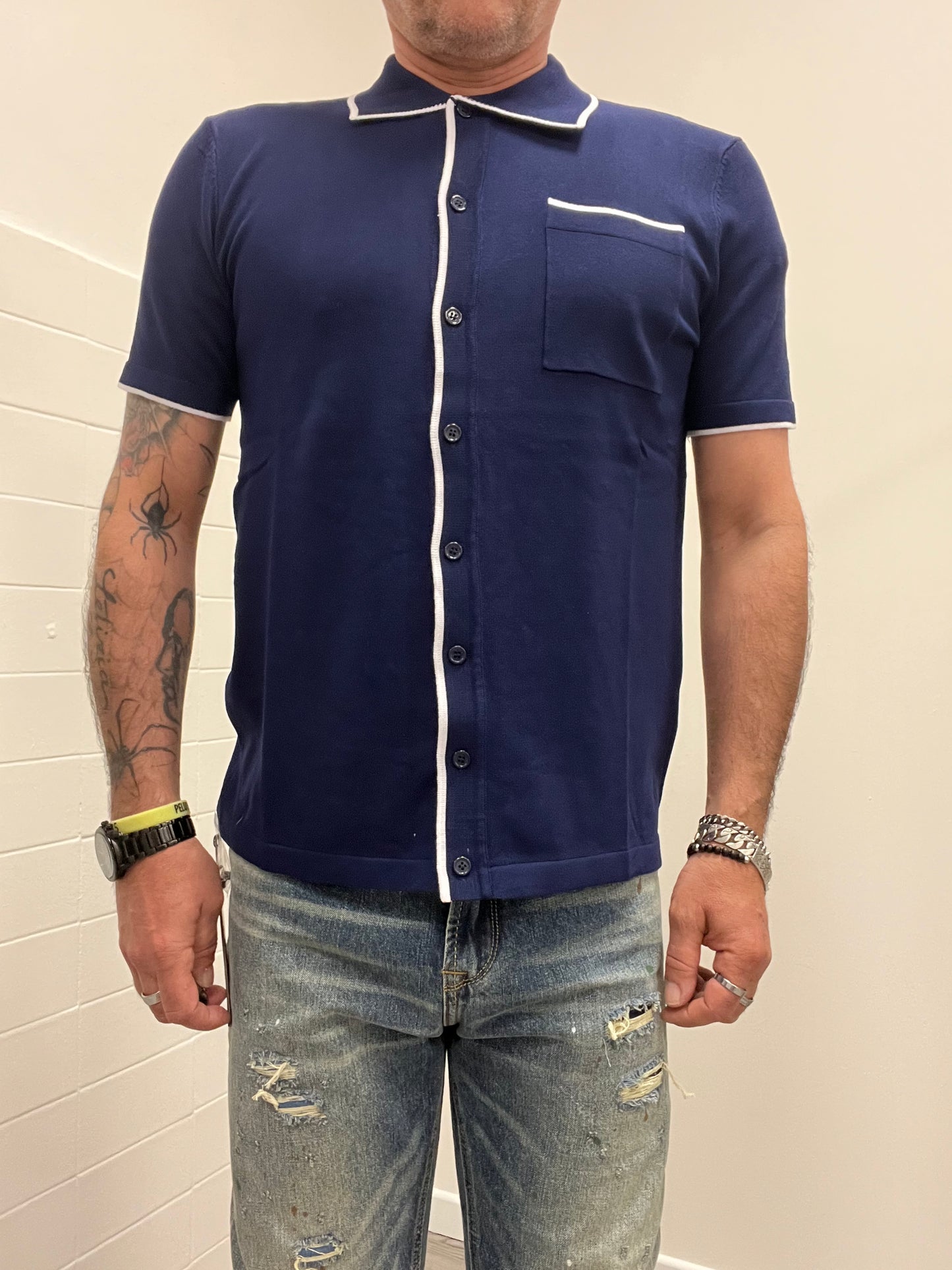 7x8 FLR Polo in Maglia Blu con Rifiniture a Contrasto