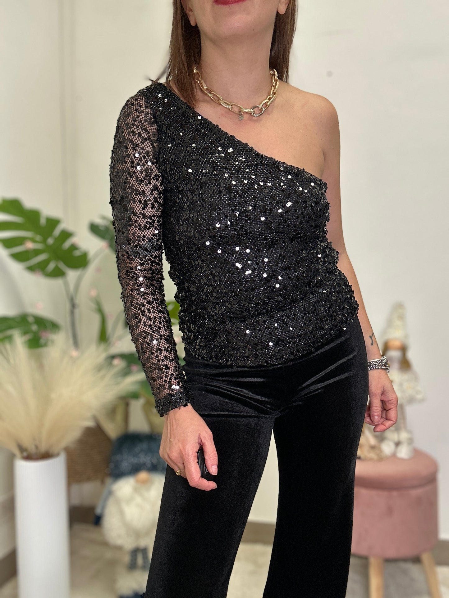 One shoulder sequin top