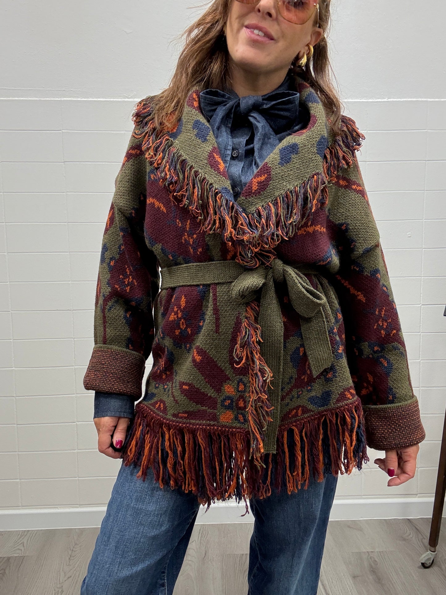 Cardigan fantasia etnica verde e vino Haveone