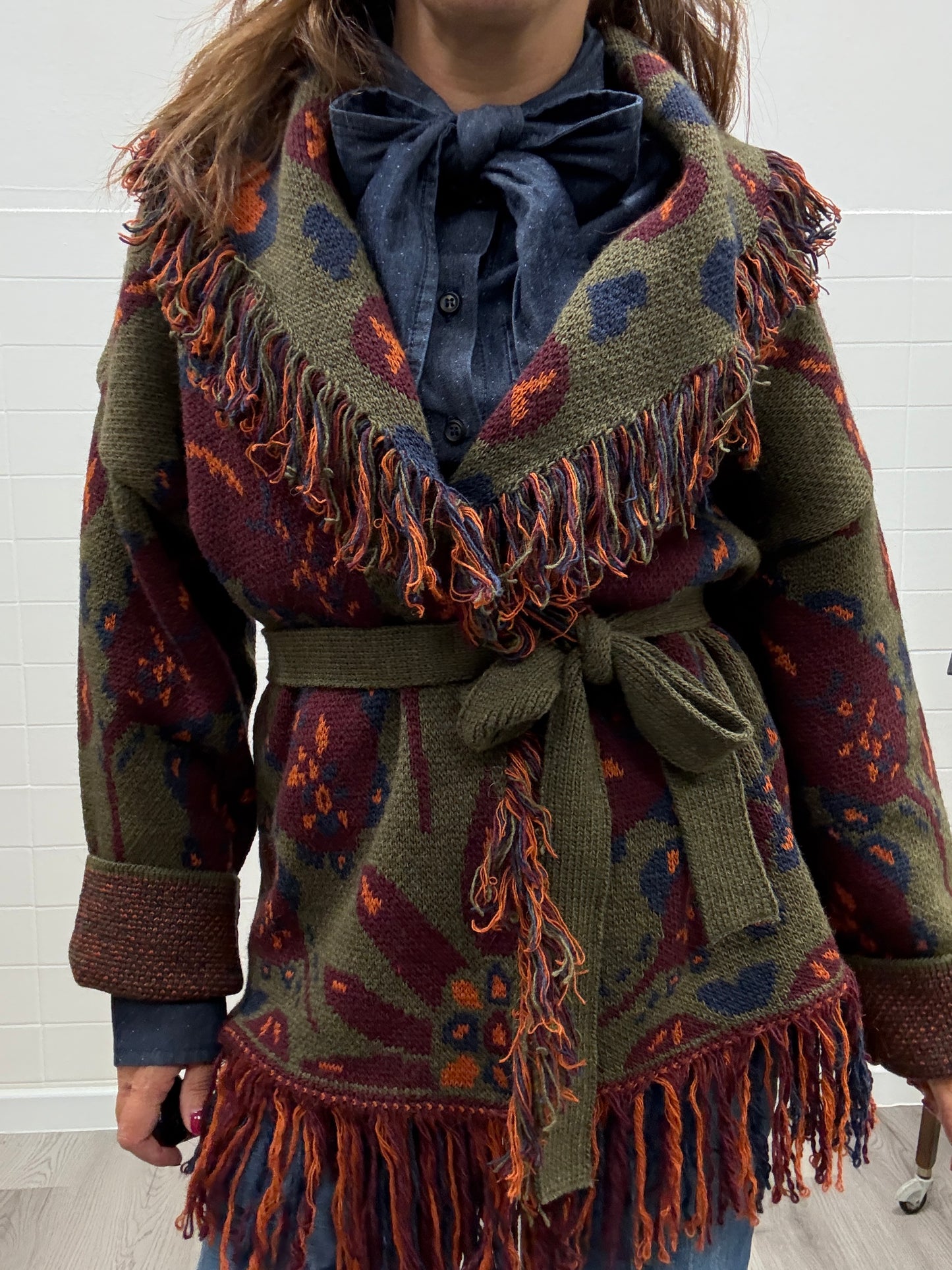 Cardigan fantasia etnica verde e vino Haveone