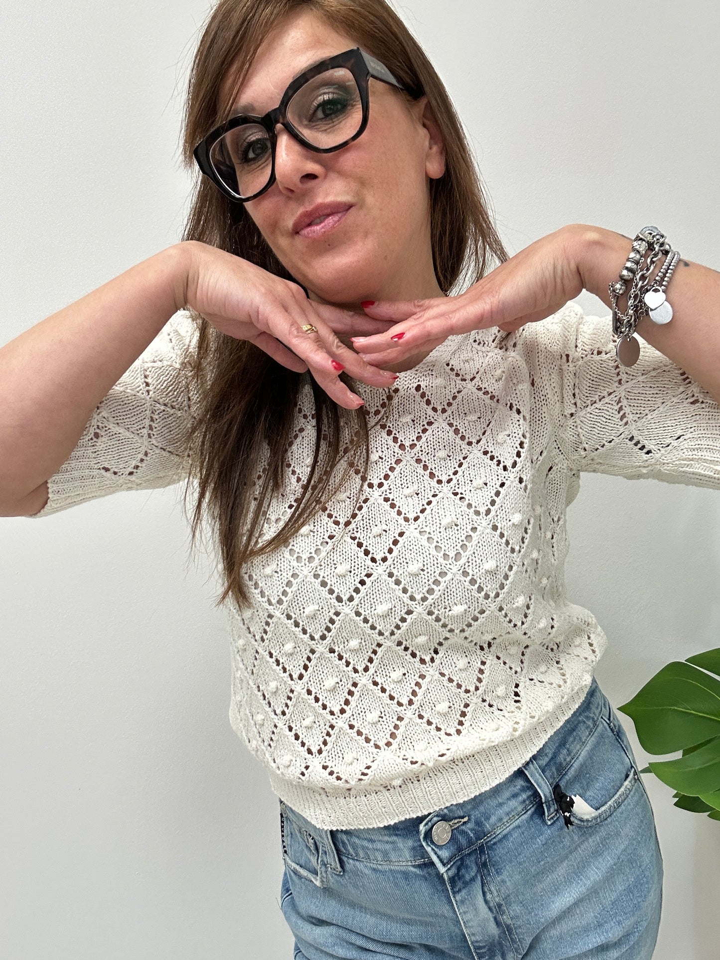 Haveone maglia lavorazione crochet mezza manica a sbuffo