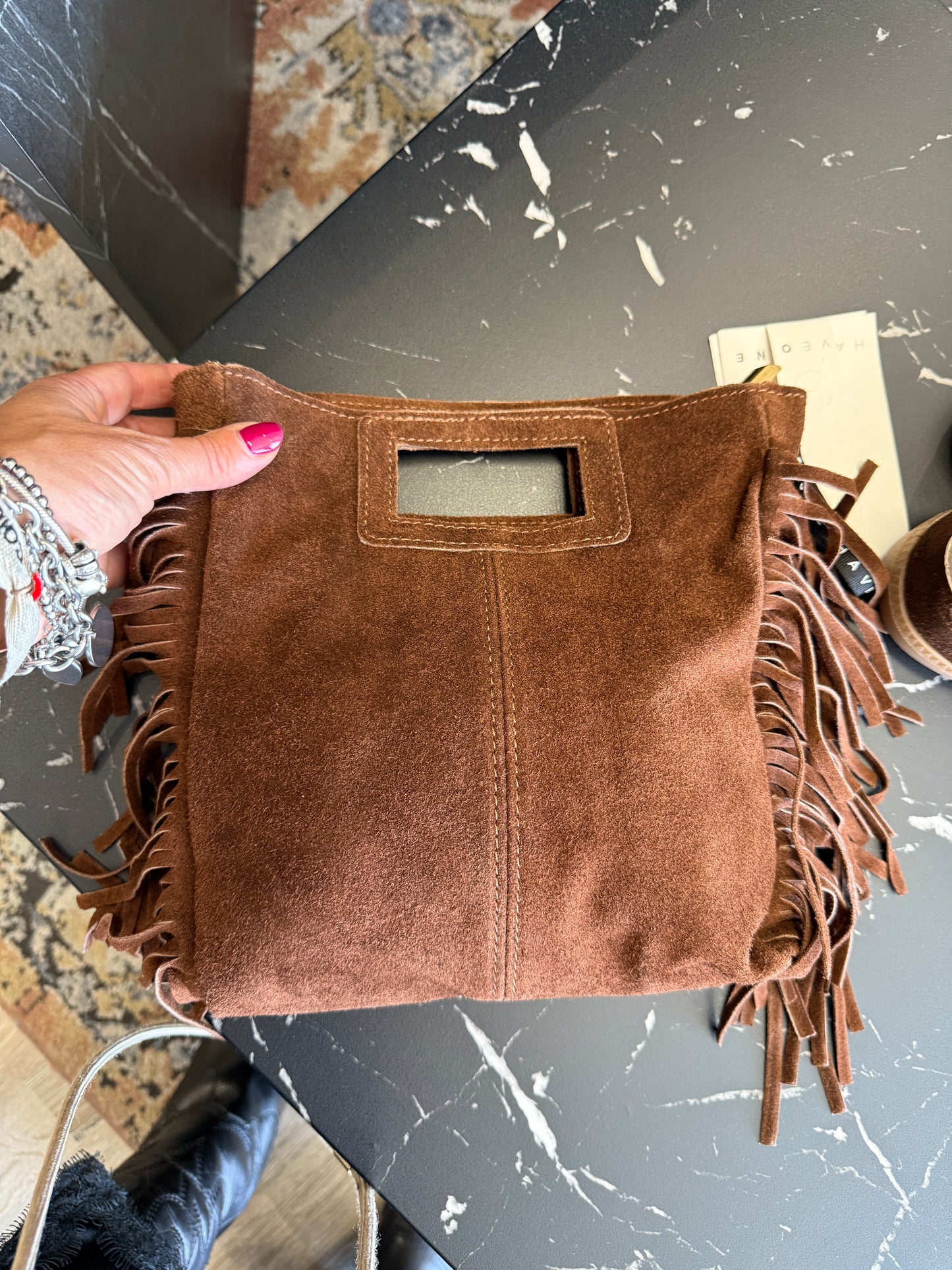 Borsa in crosta con frange bruciato Haveone