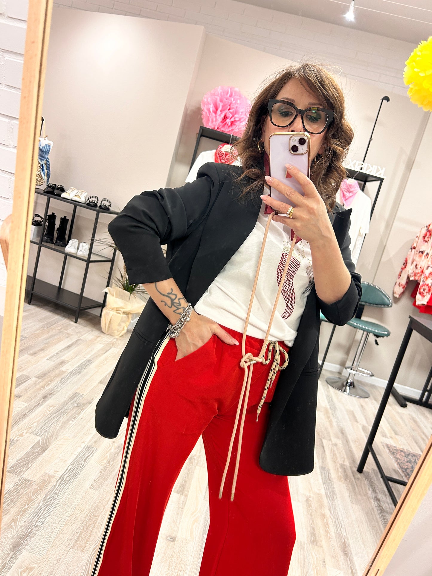 Susy Mix Pantalone Palazzo Rosso con Banda Laterale