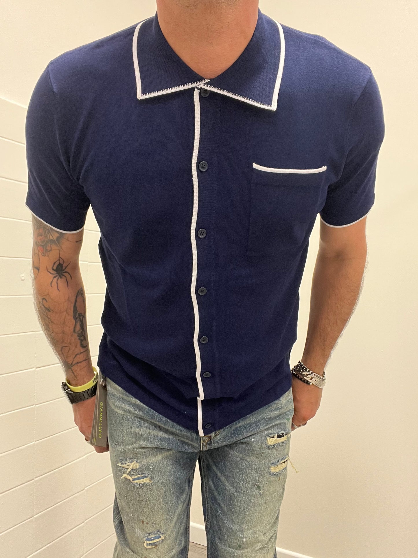 7x8 FLR Polo in Maglia Blu con Rifiniture a Contrasto