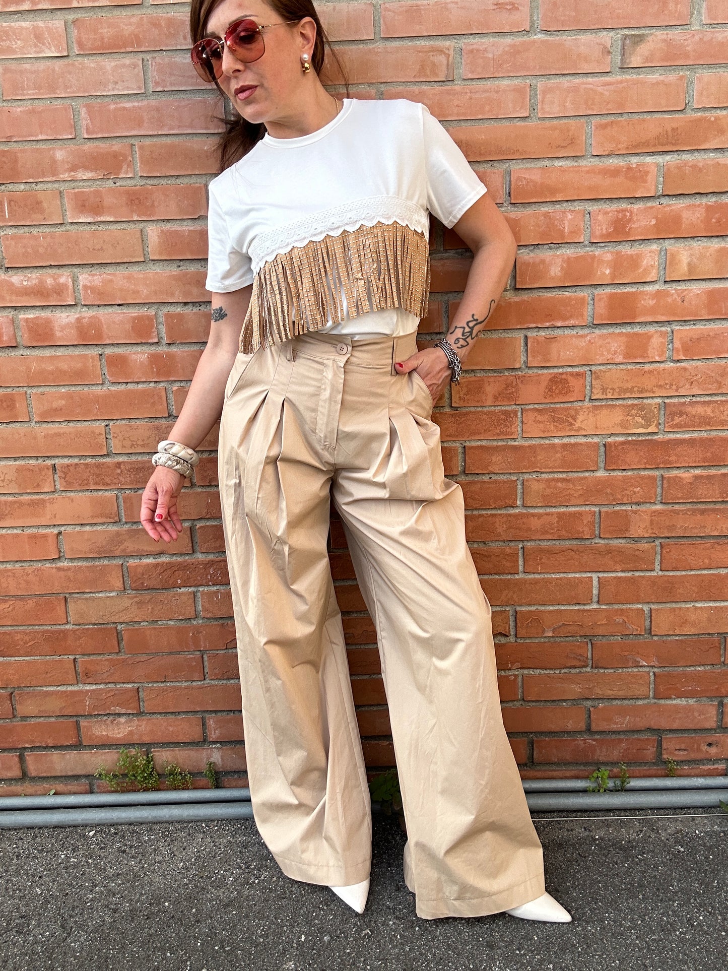 Two Way pantaloni leggeri palazzo con pinces biscotto