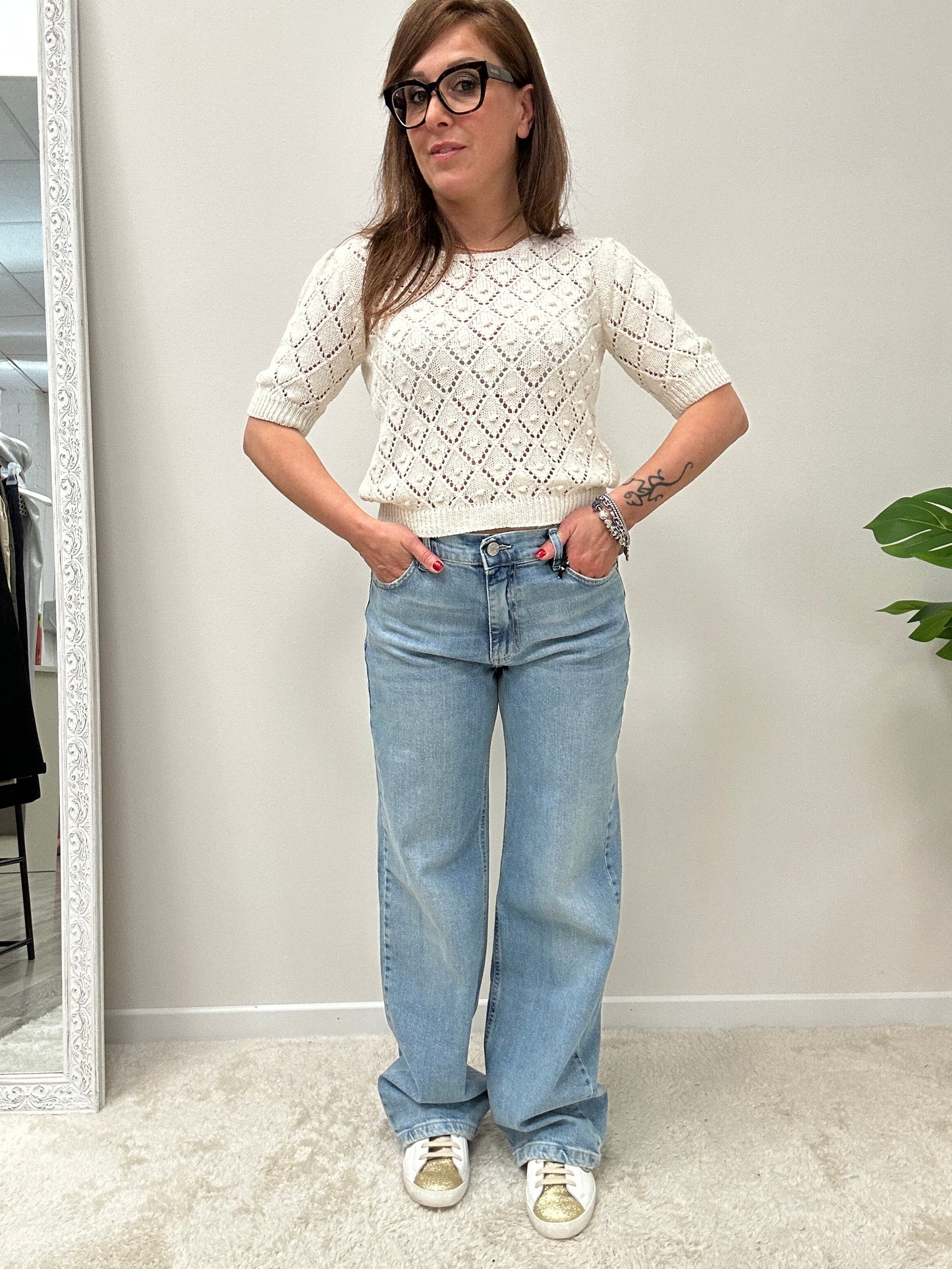 Haveone maglia lavorazione crochet mezza manica a sbuffo