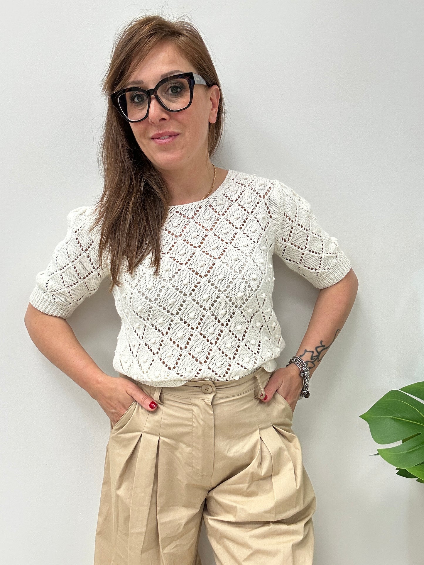 Haveone maglia lavorazione crochet mezza manica a sbuffo