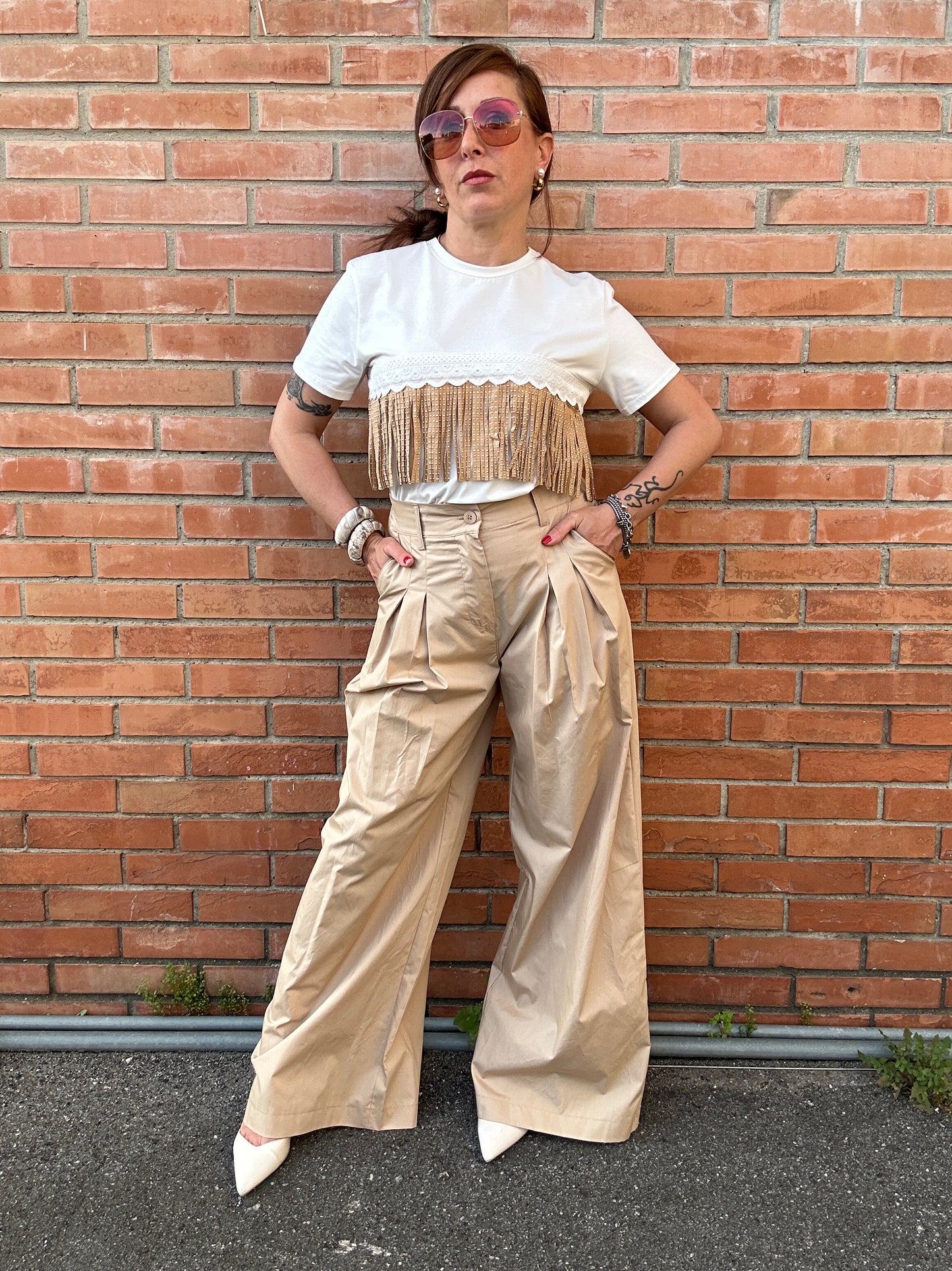 Two Way pantaloni leggeri palazzo con pinces biscotto