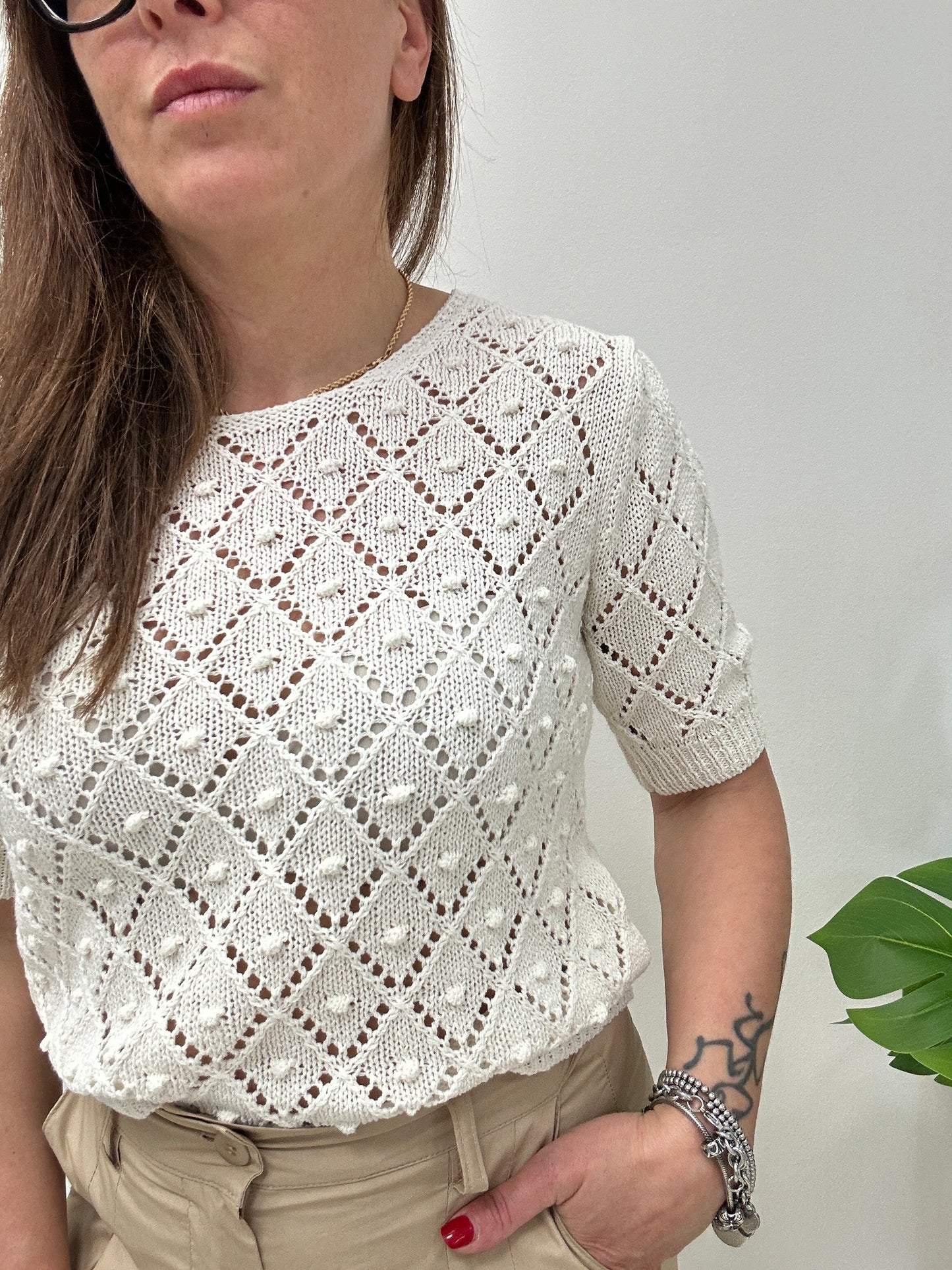 Haveone maglia lavorazione crochet mezza manica a sbuffo
