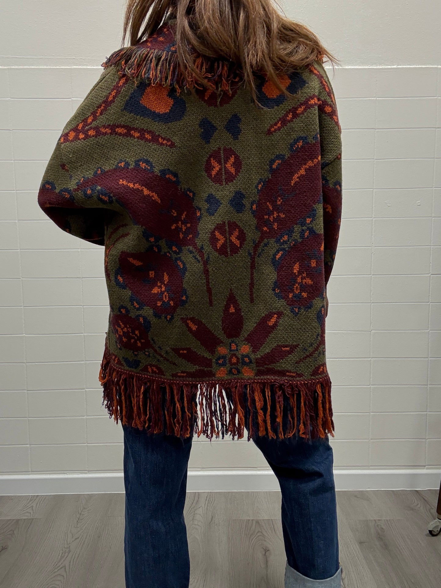 Cardigan fantasia etnica verde e vino Haveone