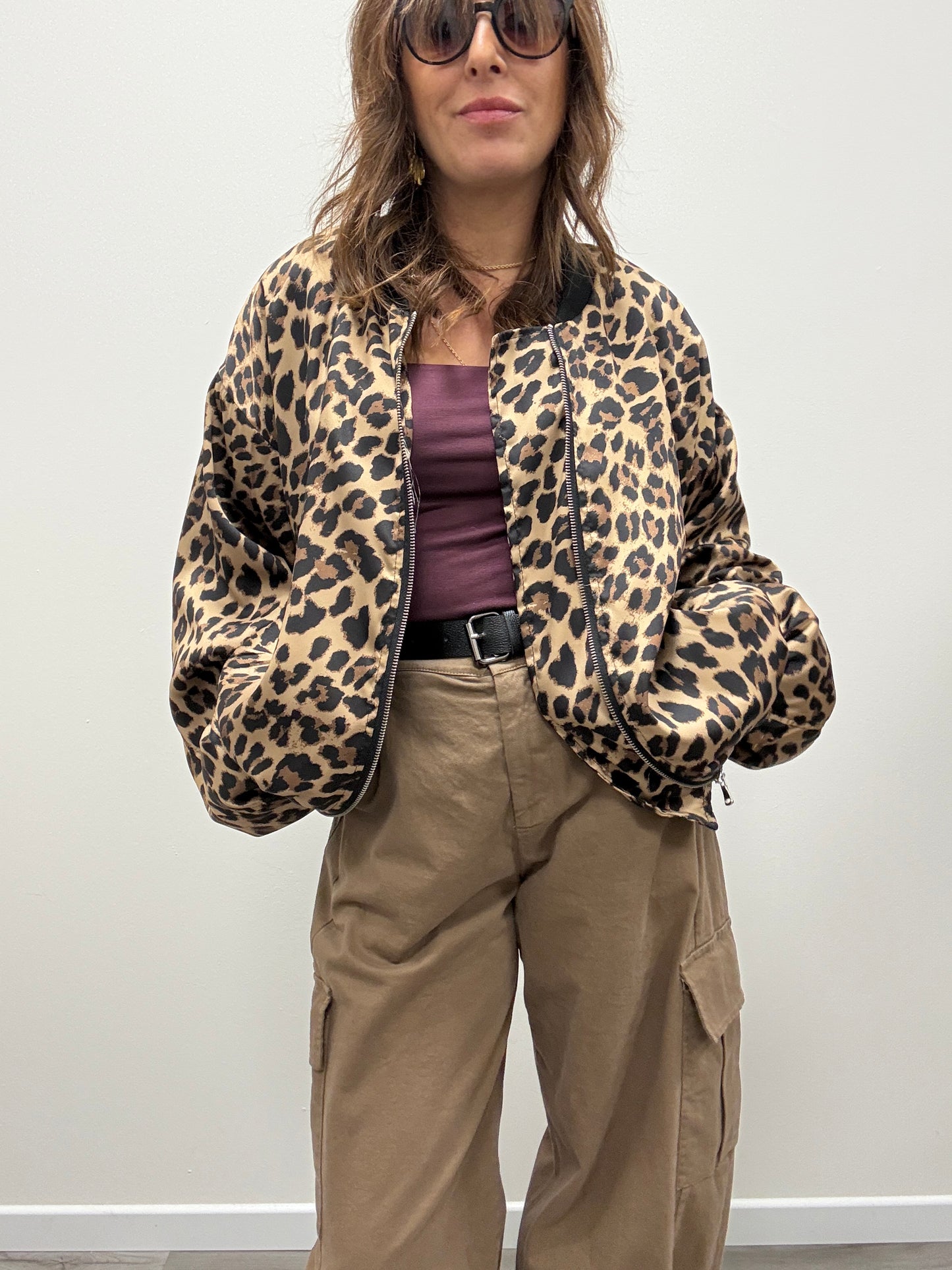 Bomber arricciato in raso animalier Susy Mix