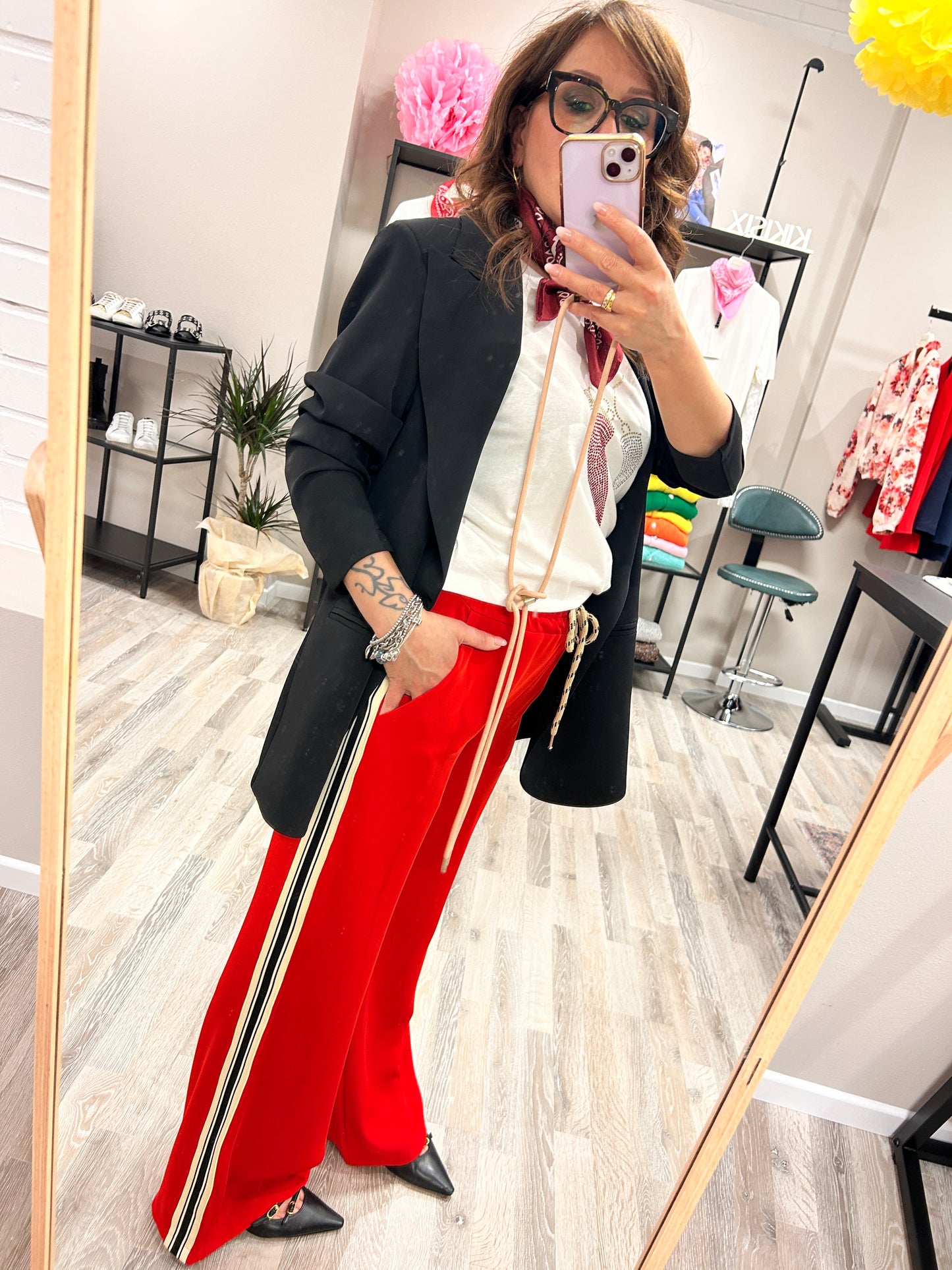 Susy Mix Pantalone Palazzo Rosso con Banda Laterale