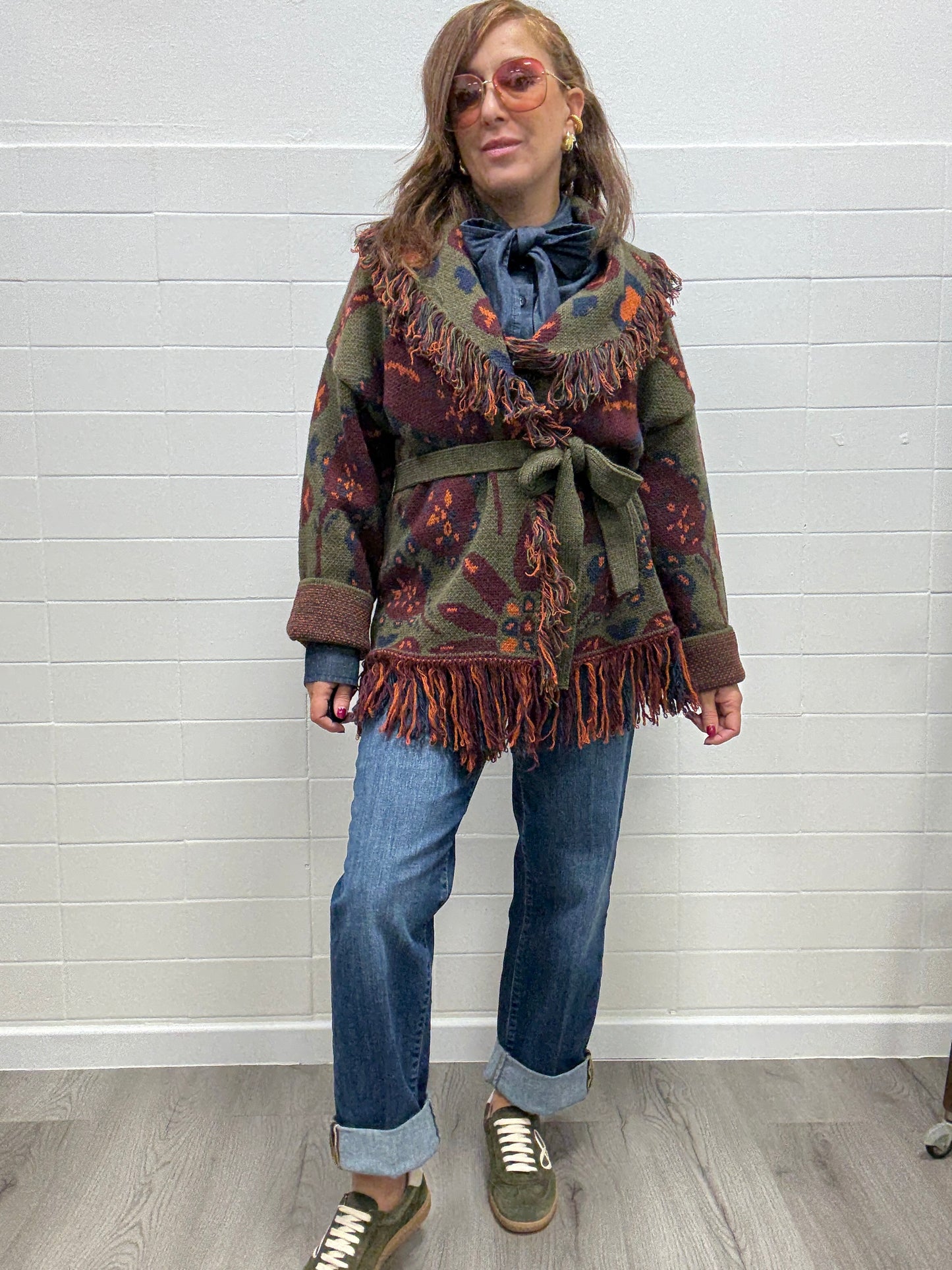 Cardigan fantasia etnica verde e vino Haveone