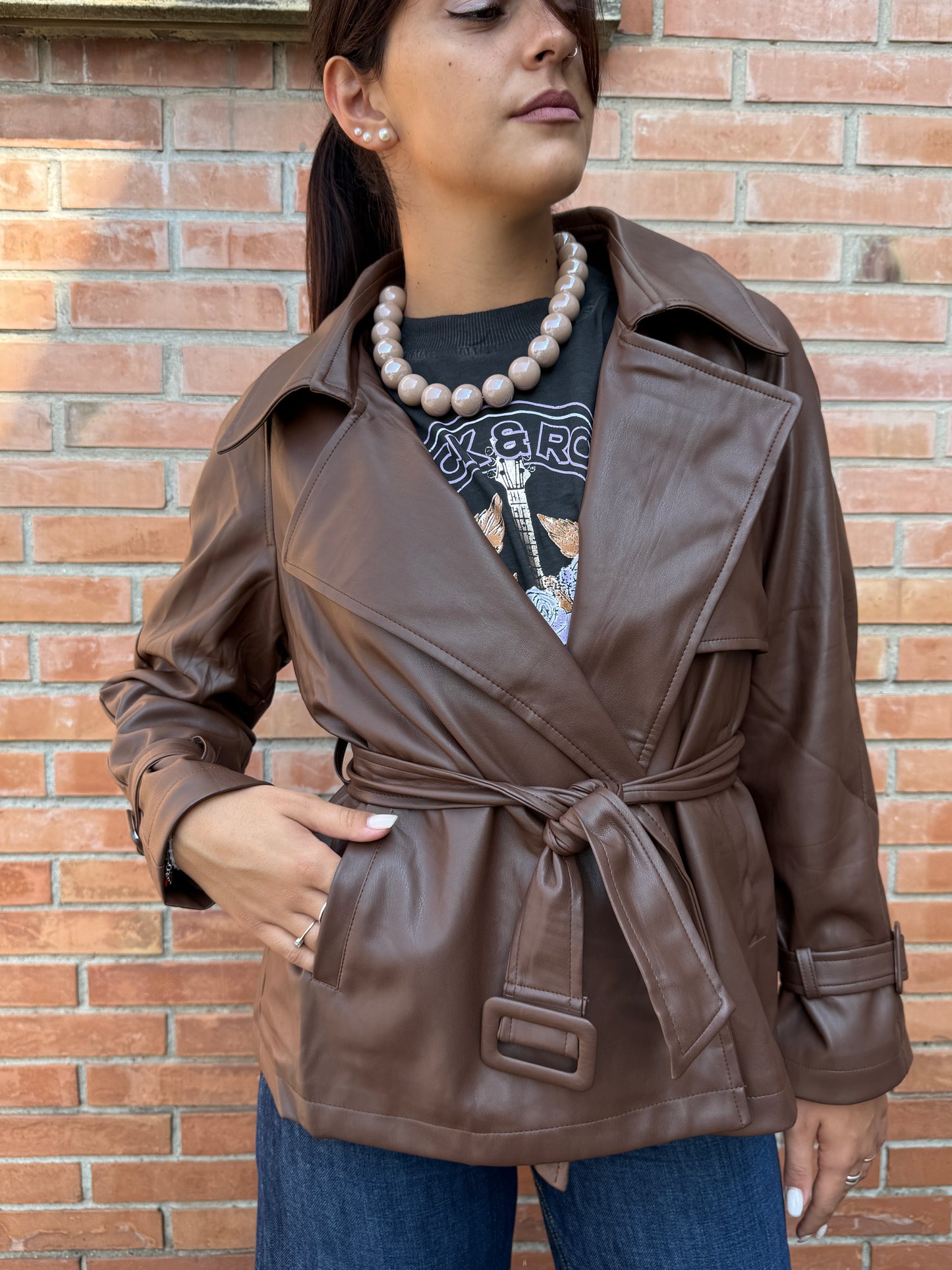 Giacca Trench ecopelle cintura Moro