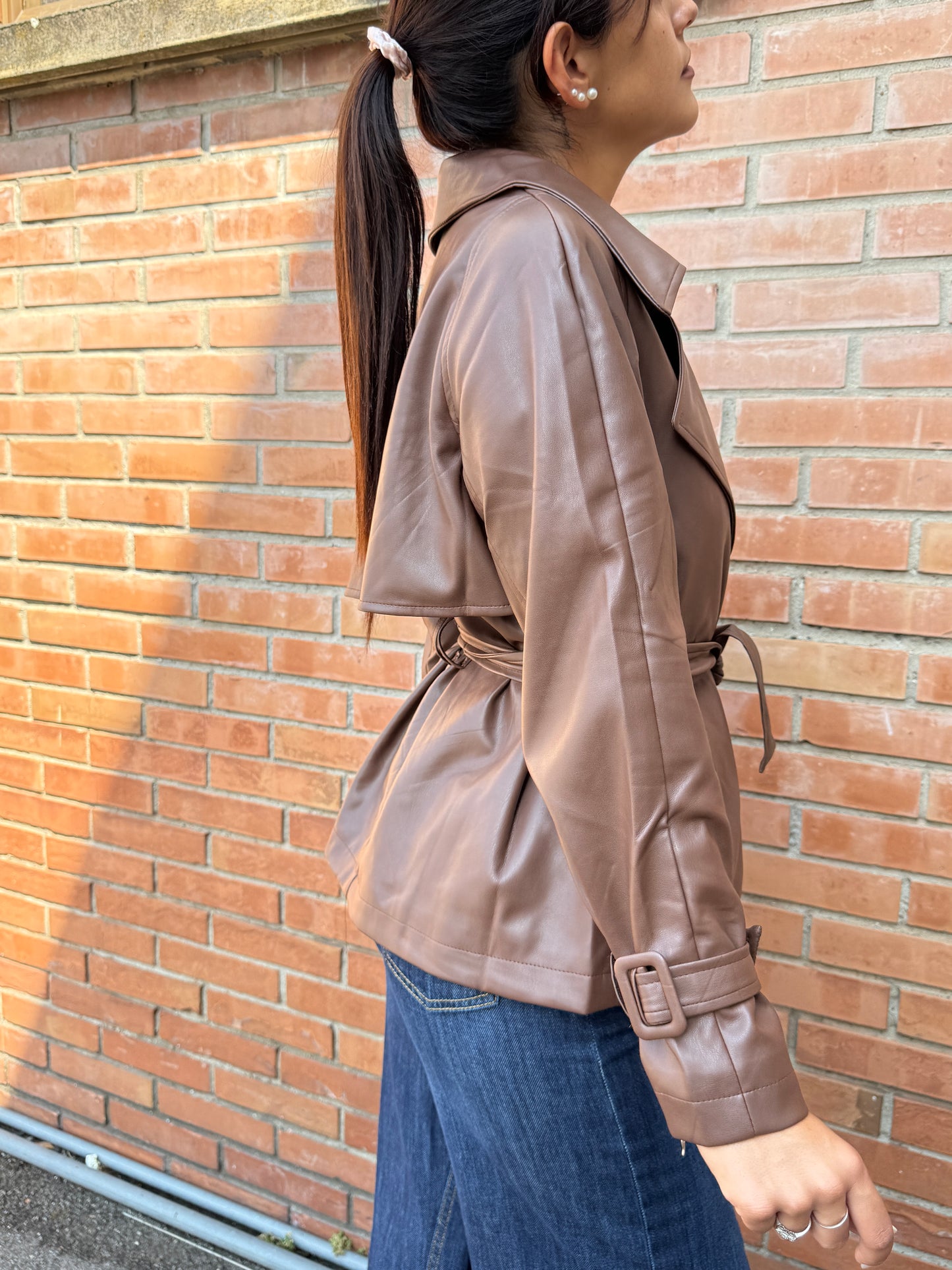 Giacca Trench ecopelle cintura Moro