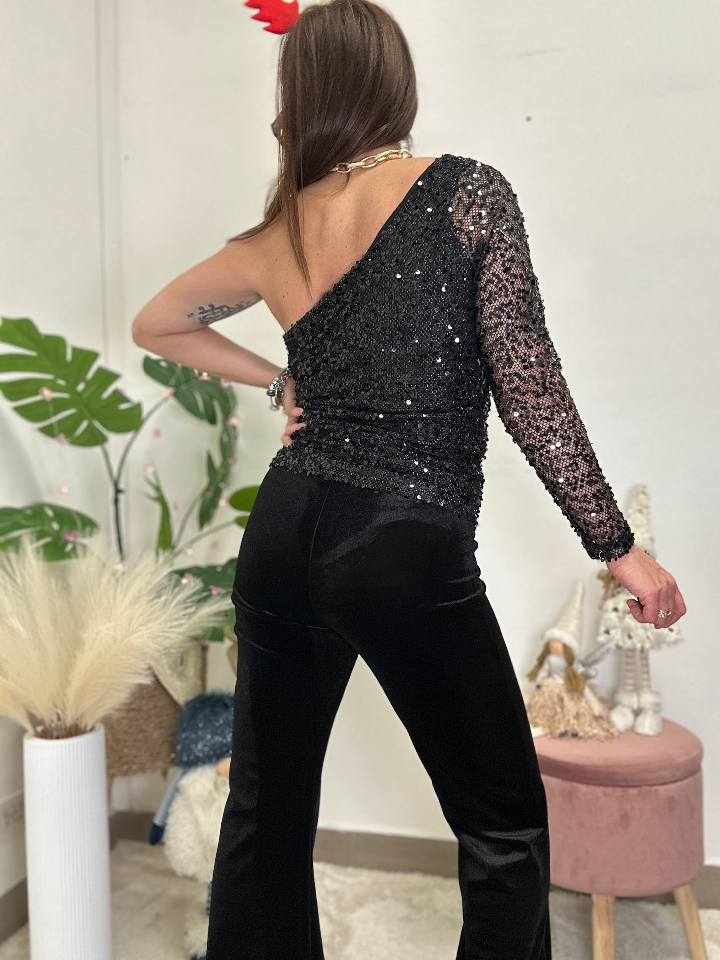 One shoulder sequin top