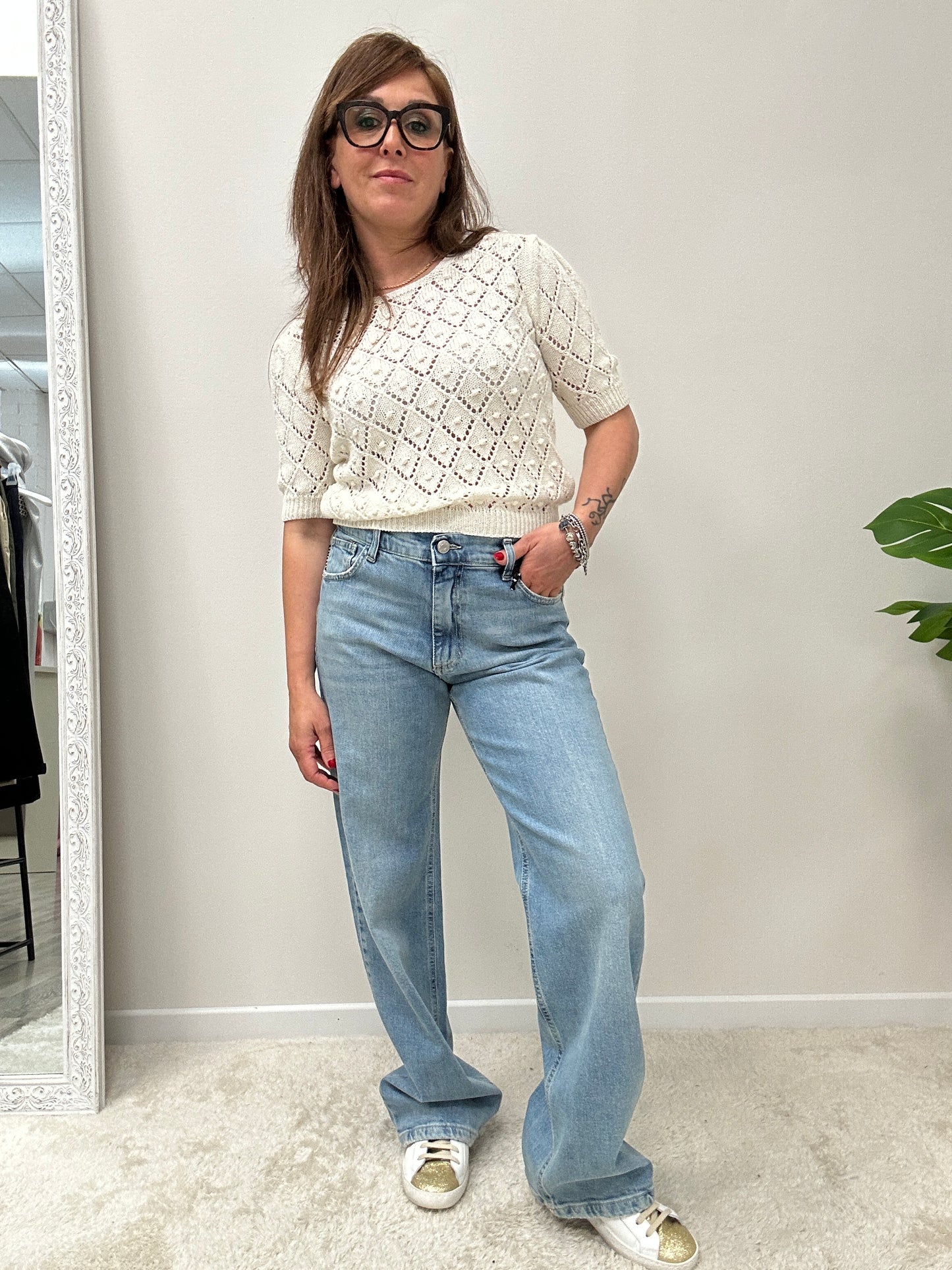 Haveone maglia lavorazione crochet mezza manica a sbuffo