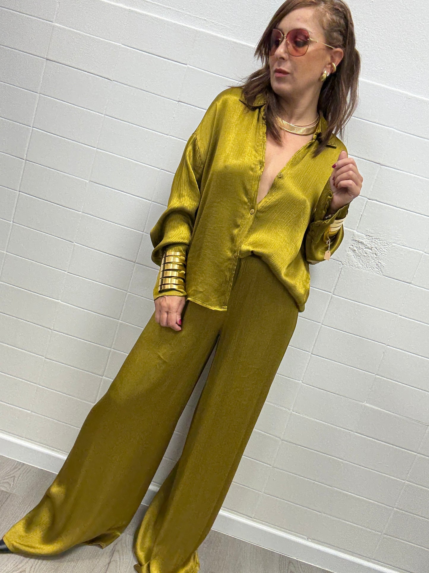 Pantalone in viscosa stropicciata olio Haveone