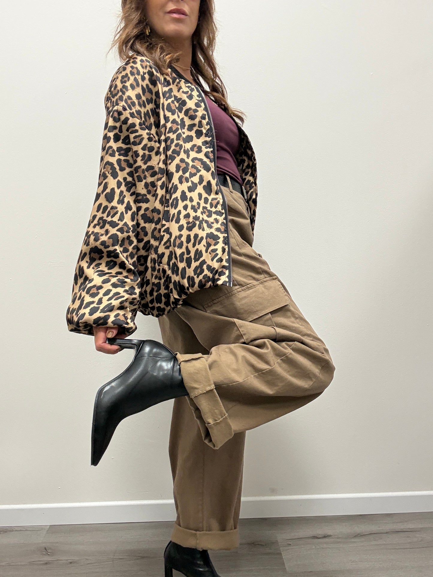 Bomber arricciato in raso animalier Susy Mix