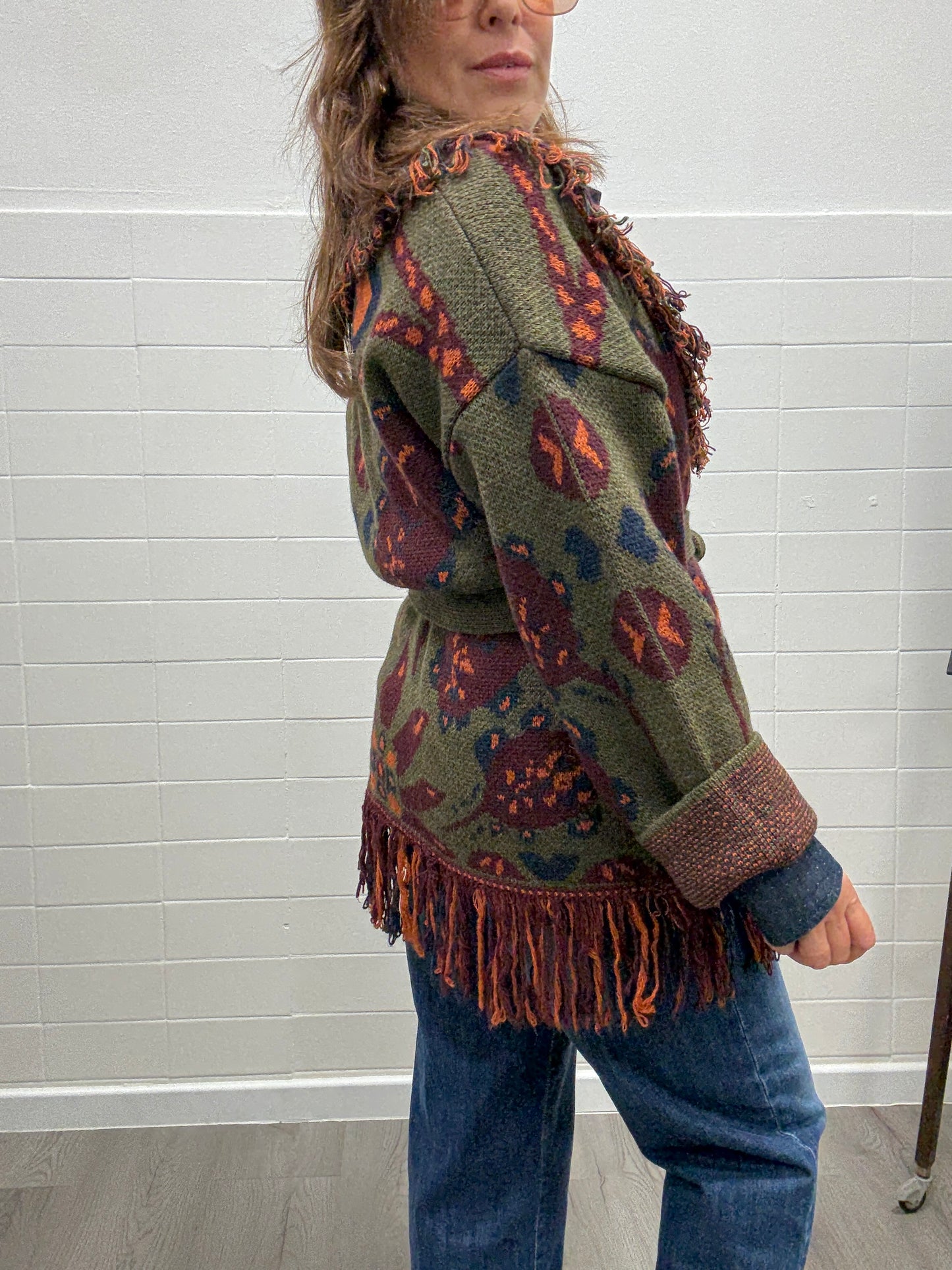 Cardigan fantasia etnica verde e vino Haveone