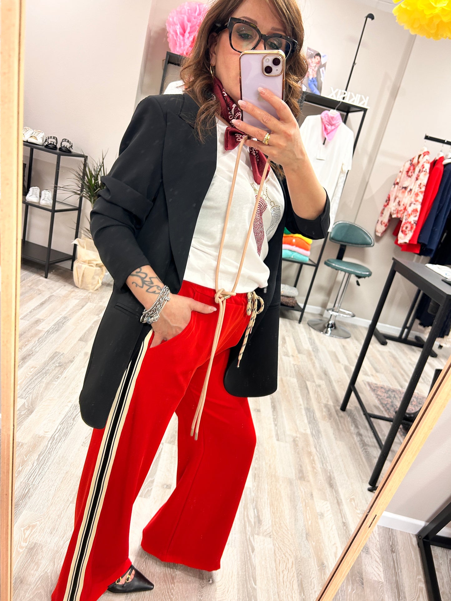 Susy Mix Pantalone Palazzo Rosso con Banda Laterale
