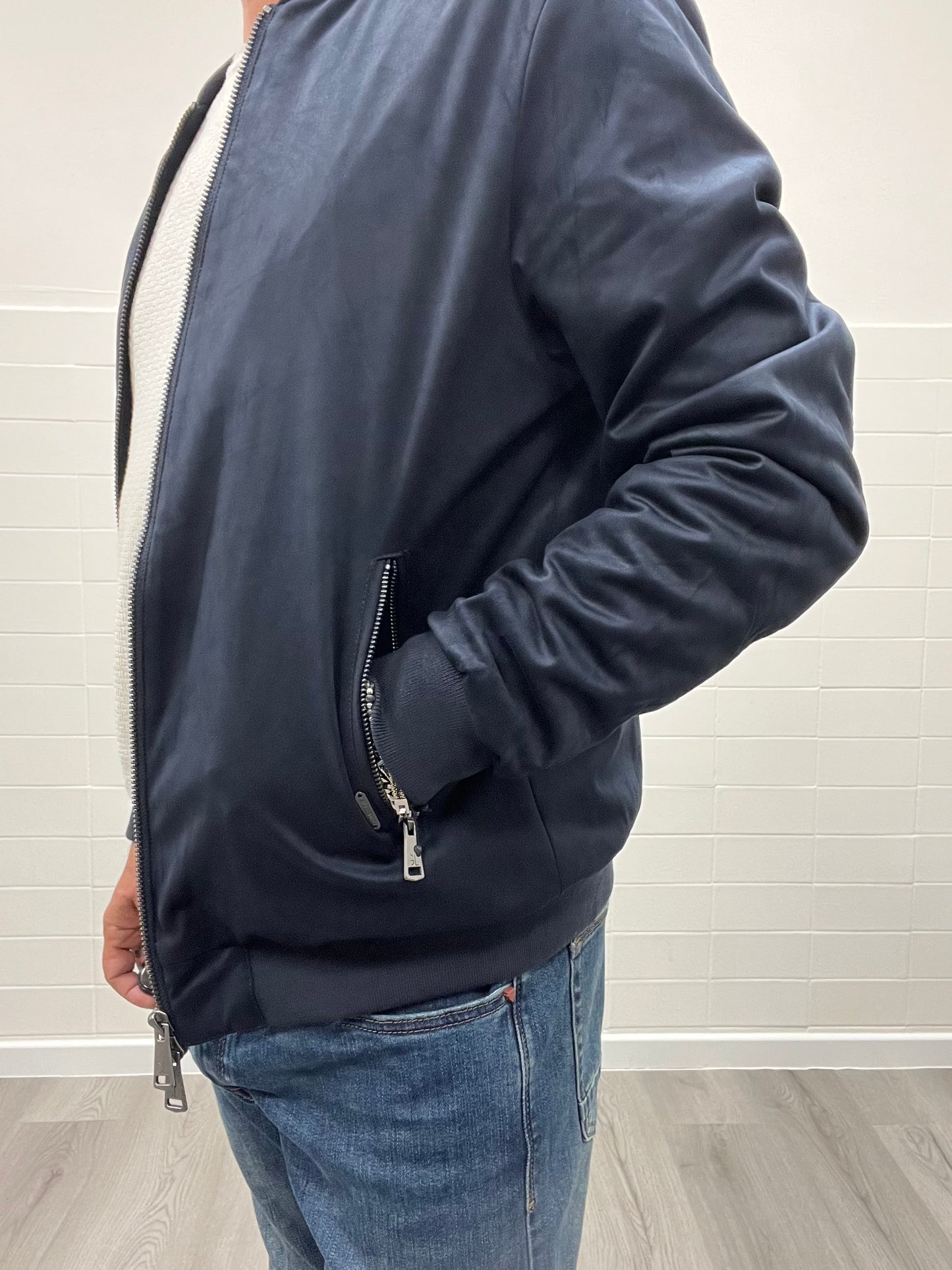 Giacca Bomber in Ecocamoscio Blu Navy Gianni Lupo