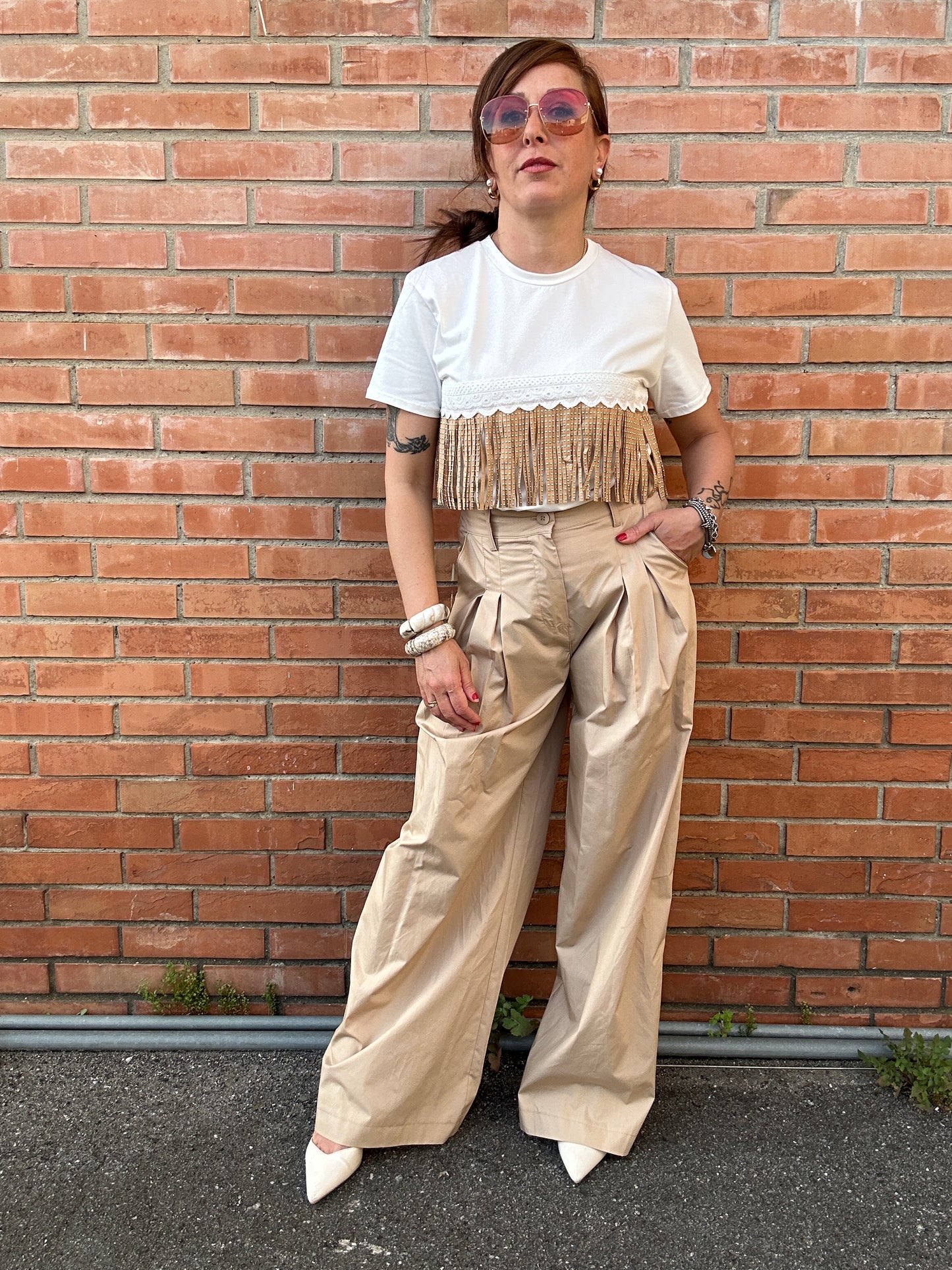Two Way pantaloni leggeri palazzo con pinces biscotto