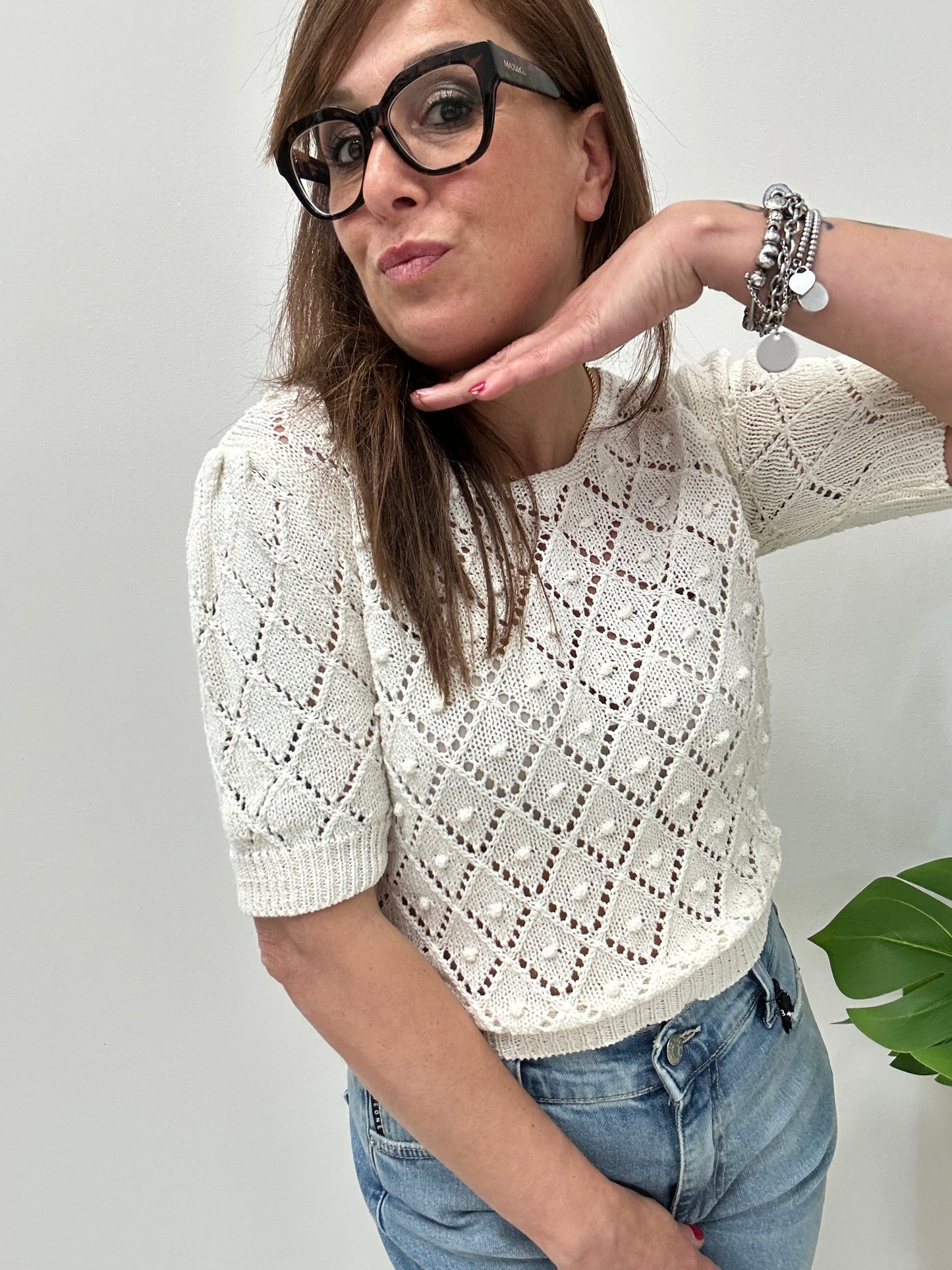 Haveone maglia lavorazione crochet mezza manica a sbuffo