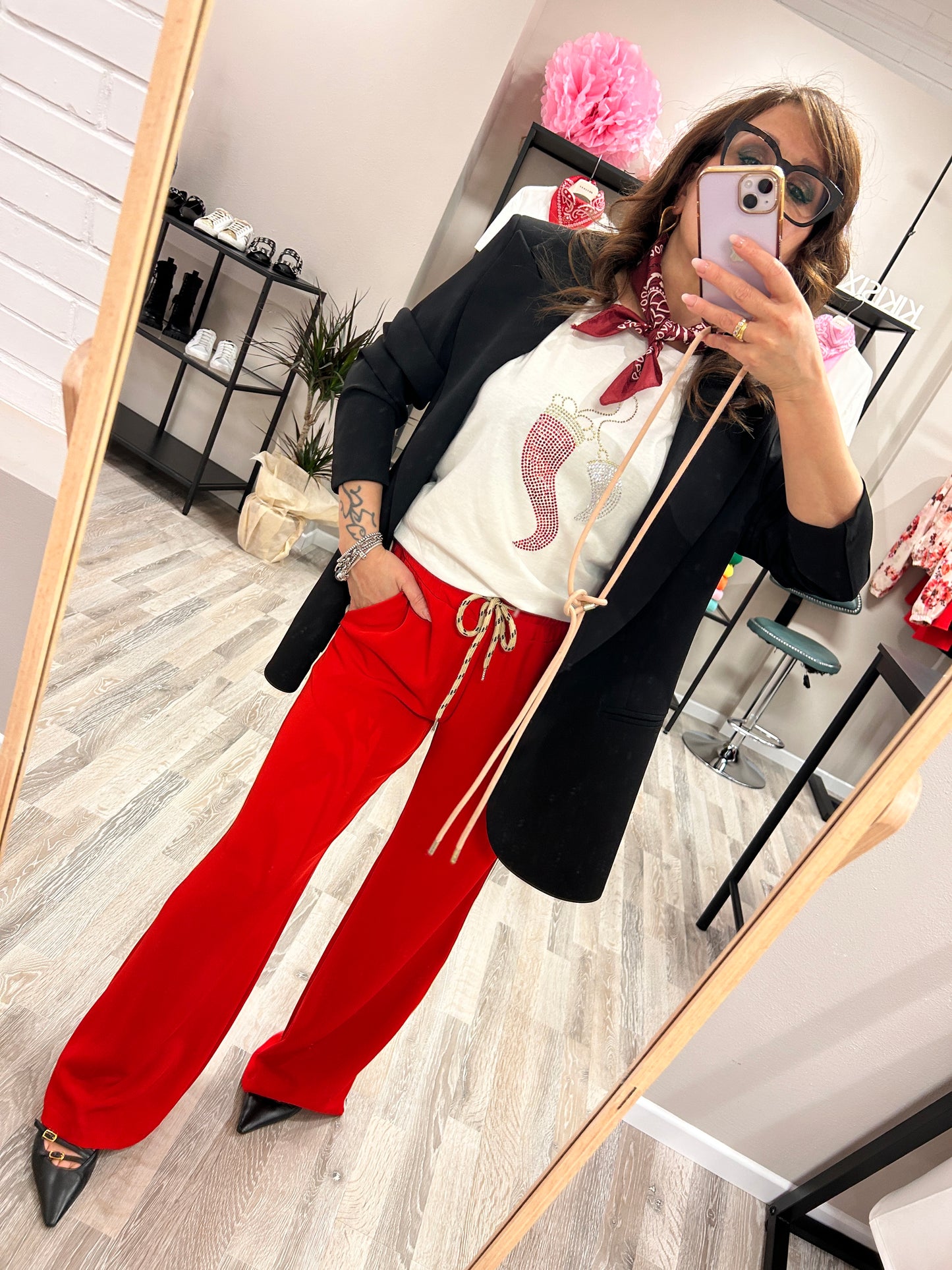 Susy Mix Pantalone Palazzo Rosso con Banda Laterale