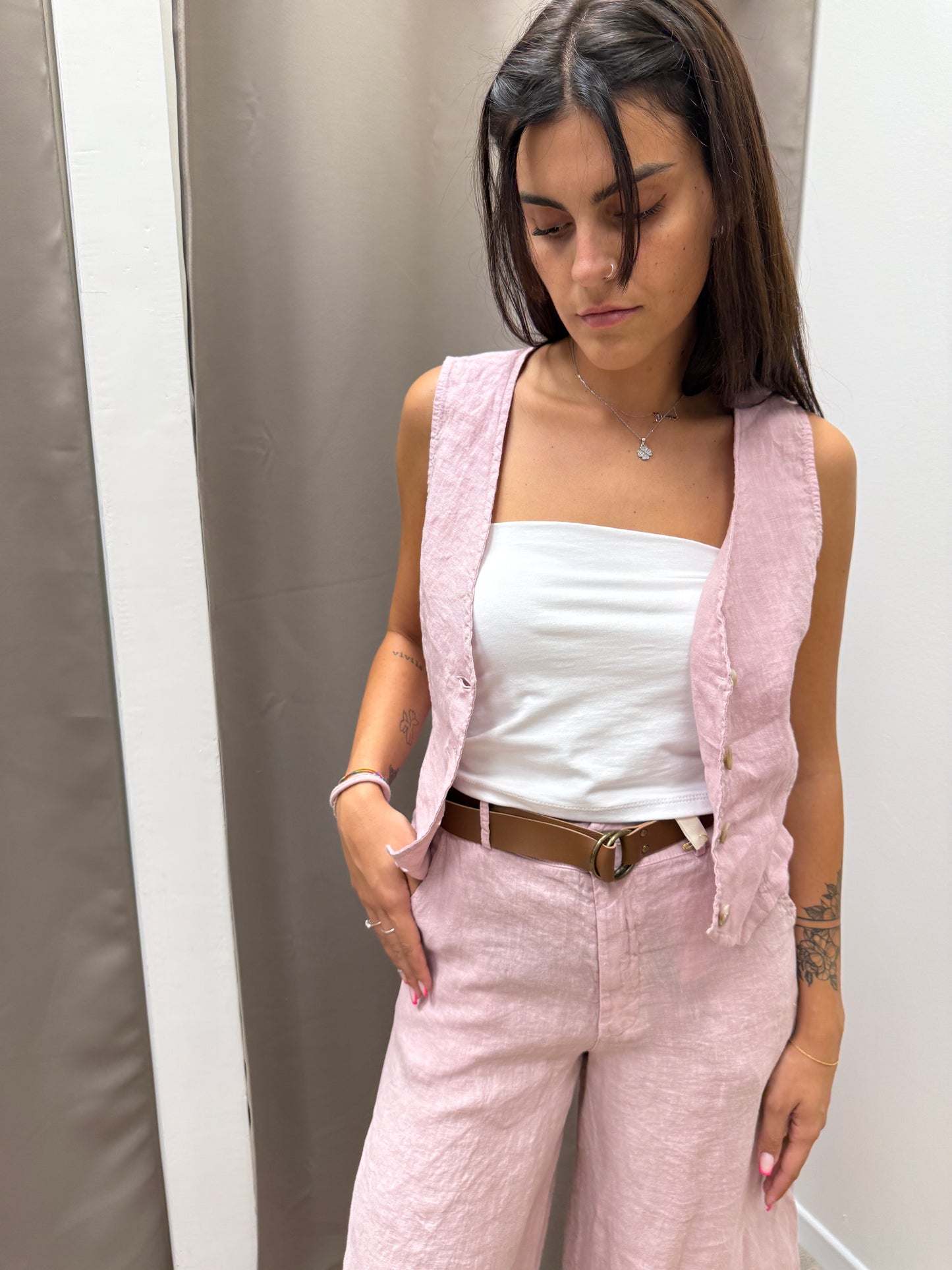 Gilet in lino rosa cipria Haveone