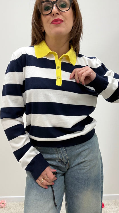 Polo righe blu con colletto a contrasto Tensione in