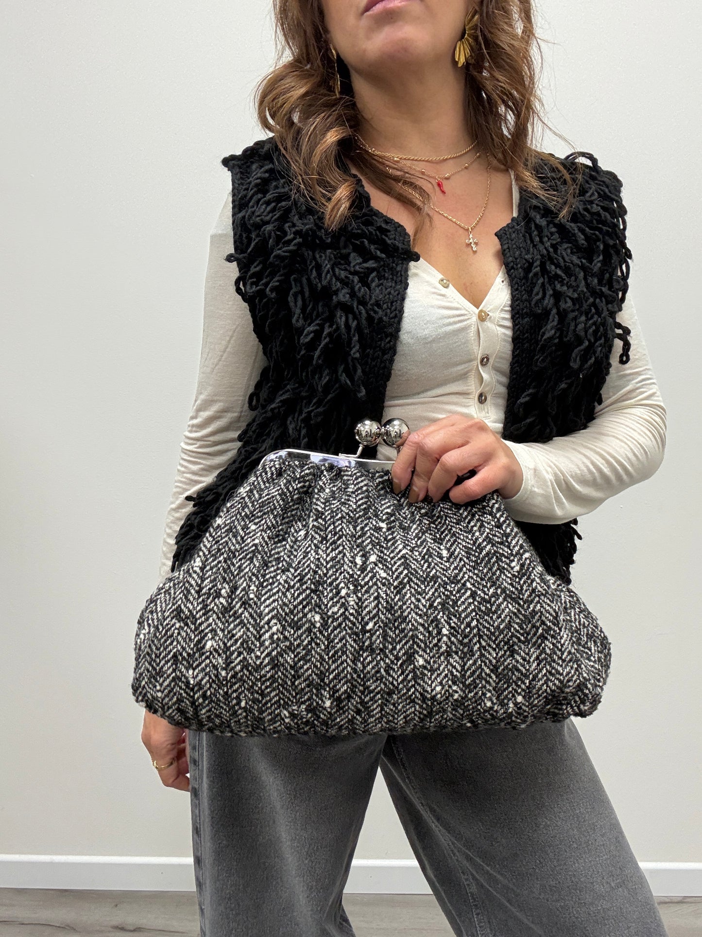 Borsa porchette in tweed bianco e nero Susy Mix