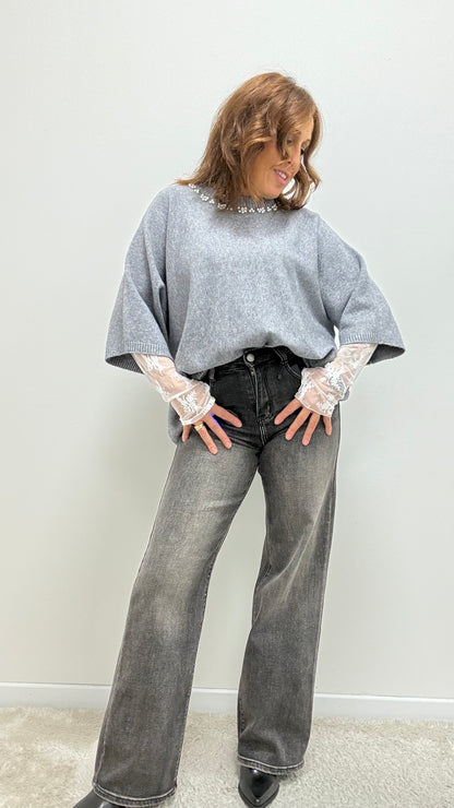 Maglia manica 3/4 con Swarovski Extyn grigio