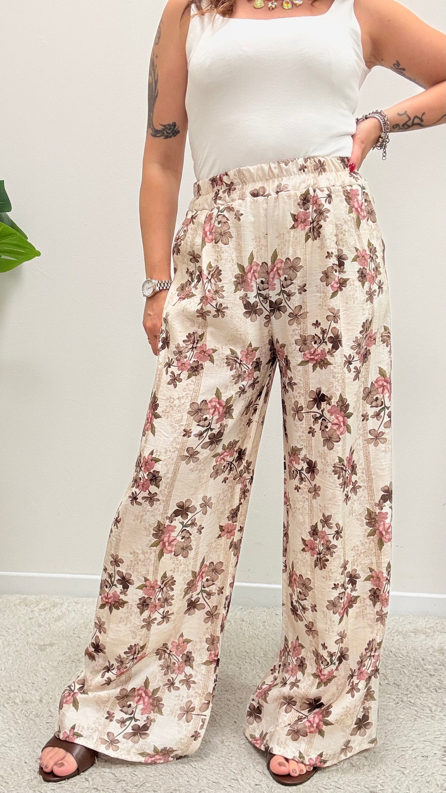 Pantalone Palazzo fiore rosa Extasy