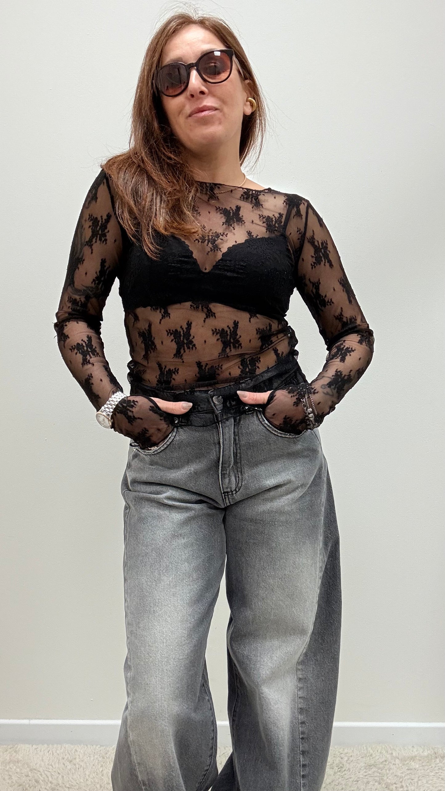 Maglia pizzo con guantino Susy Mix nero