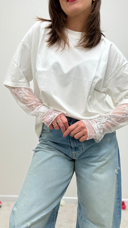 Susy Mix T-Shirt con Manica in Pizzo Bianca