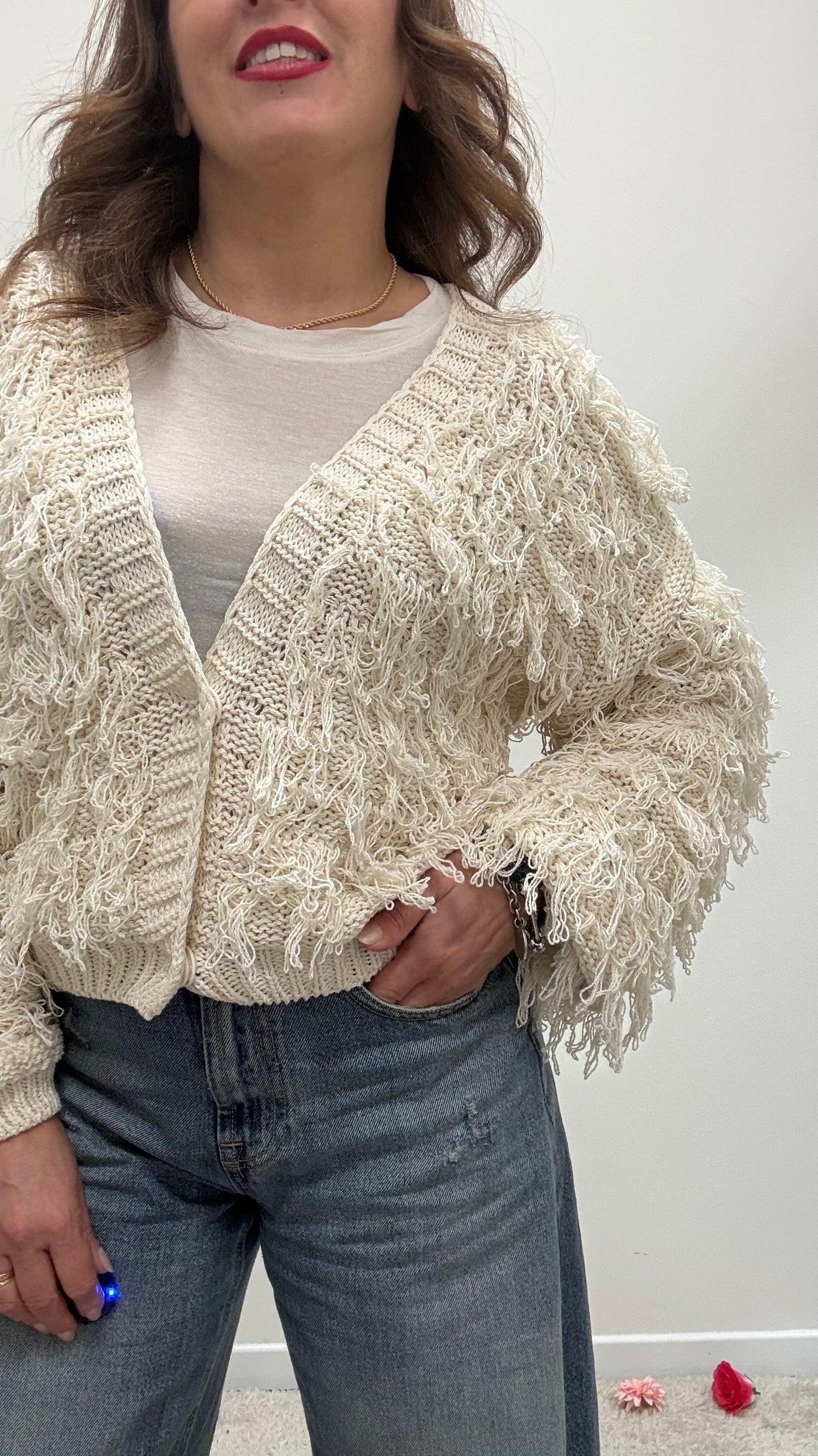 Cardigan corto con frangette burro Haveone