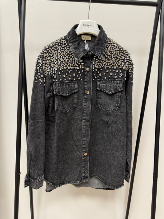 Camicia over con strass nero