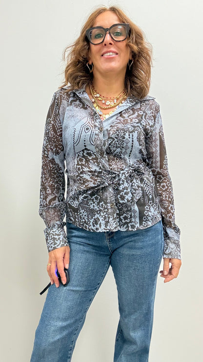 Camicia georgette fantasia con nodo Extasy azzurro moro e lurex