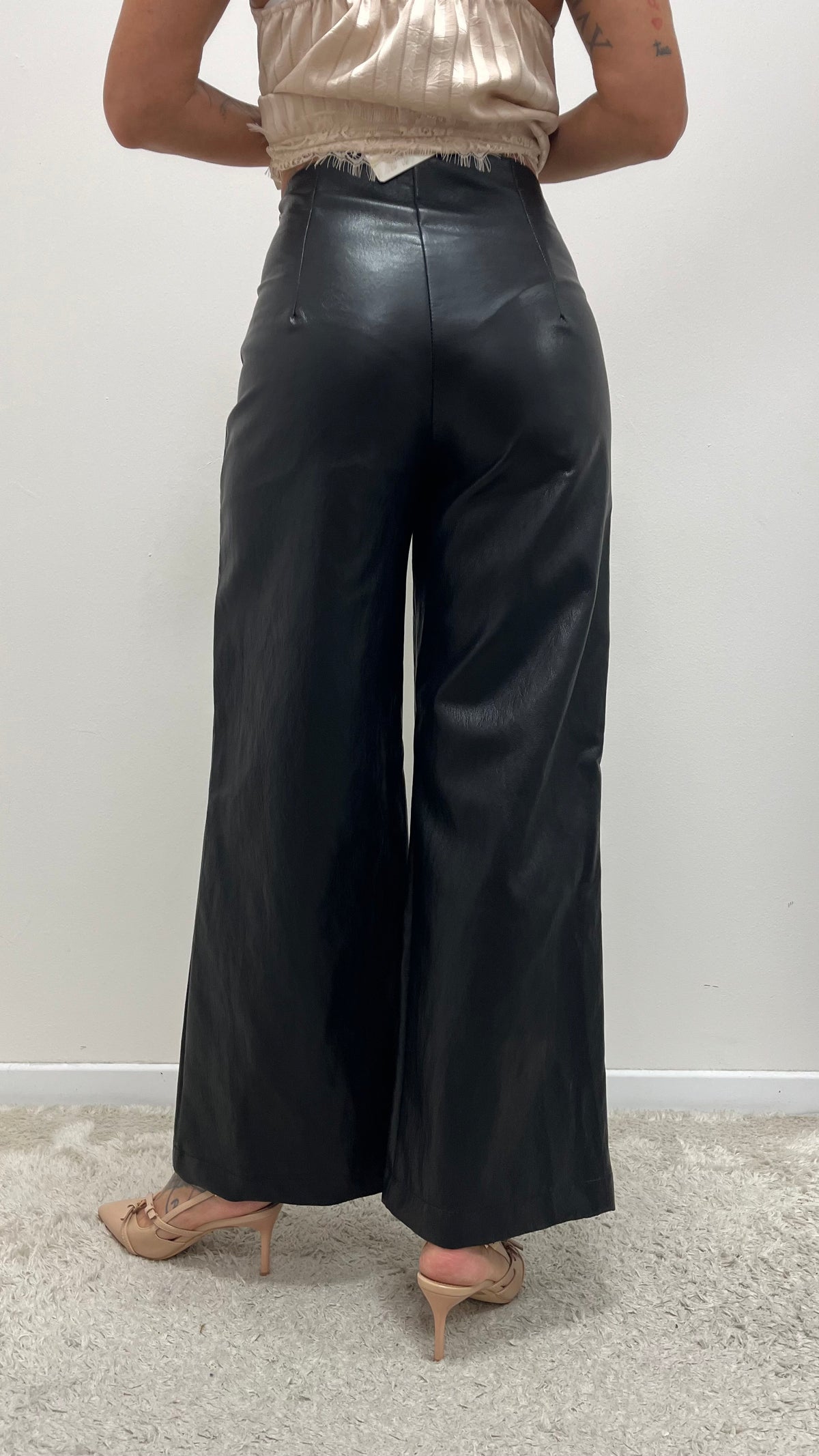 Pantalone palazzo donna in ecopelle nero My-d