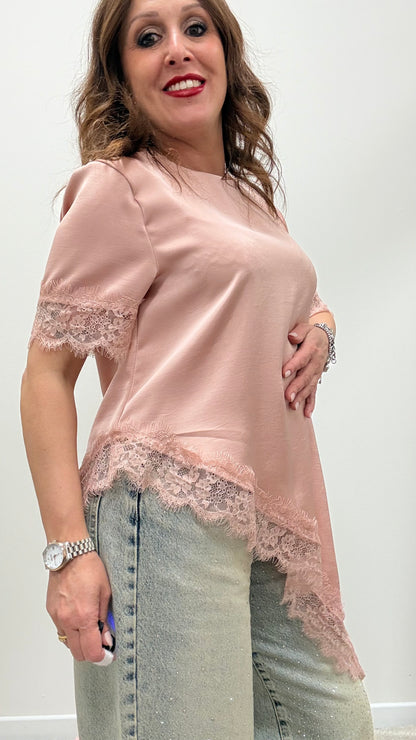 Maglia raso asimmetrica pizzo Memoire