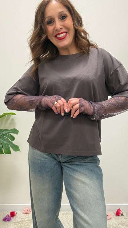 Susy Mix T-Shirt con Manica in Pizzo Moro
