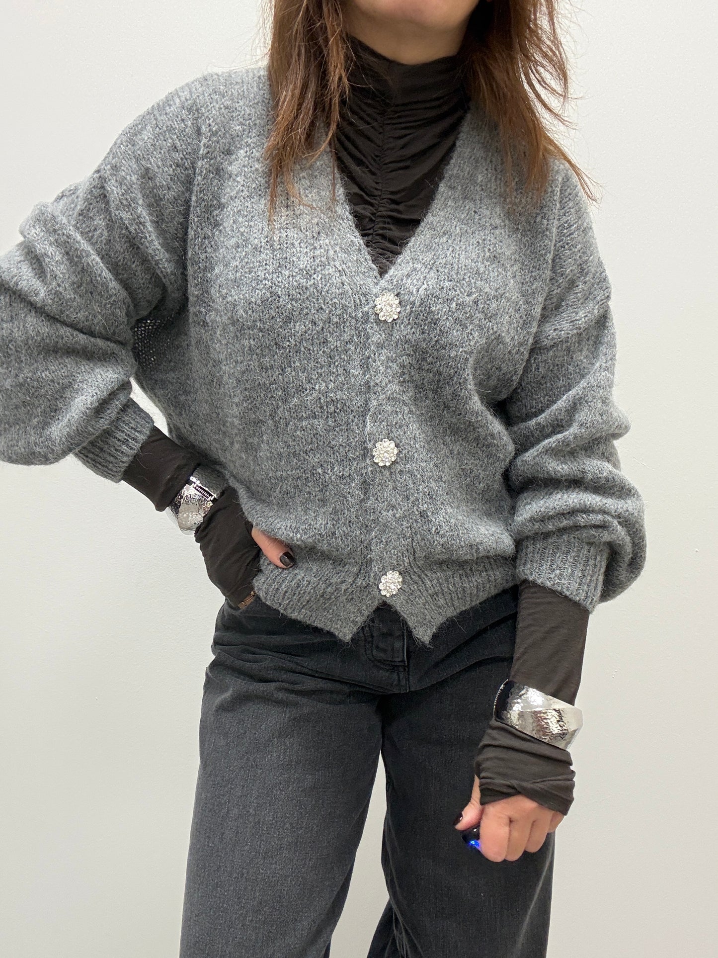 Cardigan gioiello Strass Haveone grigio